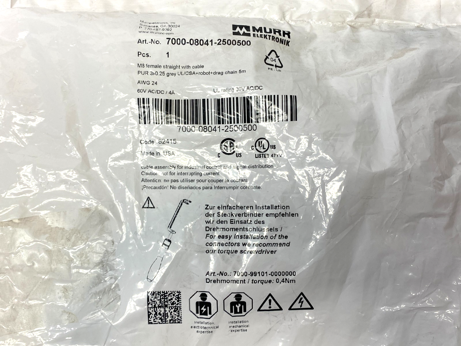 7000-08041-2500500 | Murr Elektronik Single Ended Connector Cable M8 Female 5m - New - Maverick Industrial Sales