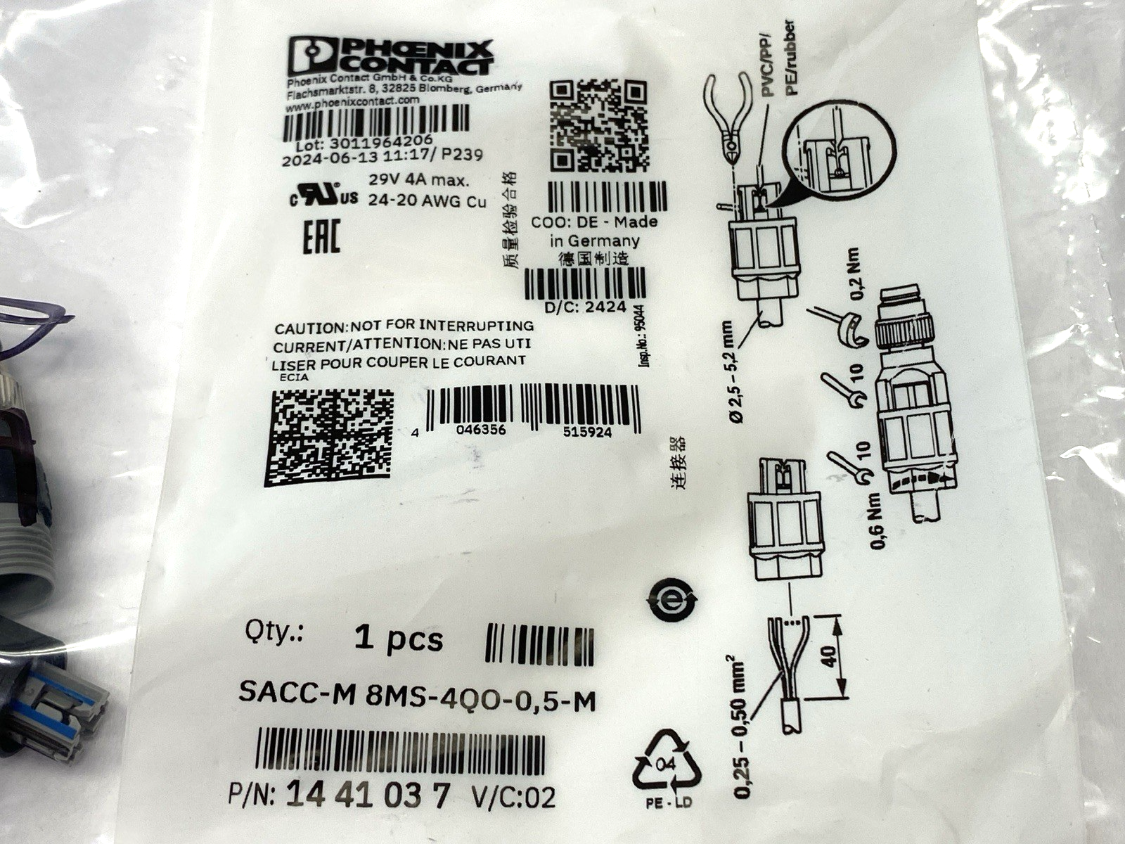 Phoenix Contact SACC-M8MS-4QO-0,5-M Sensor Connector 4-Pin Straight M8 1441037 - Maverick Industrial Sales
