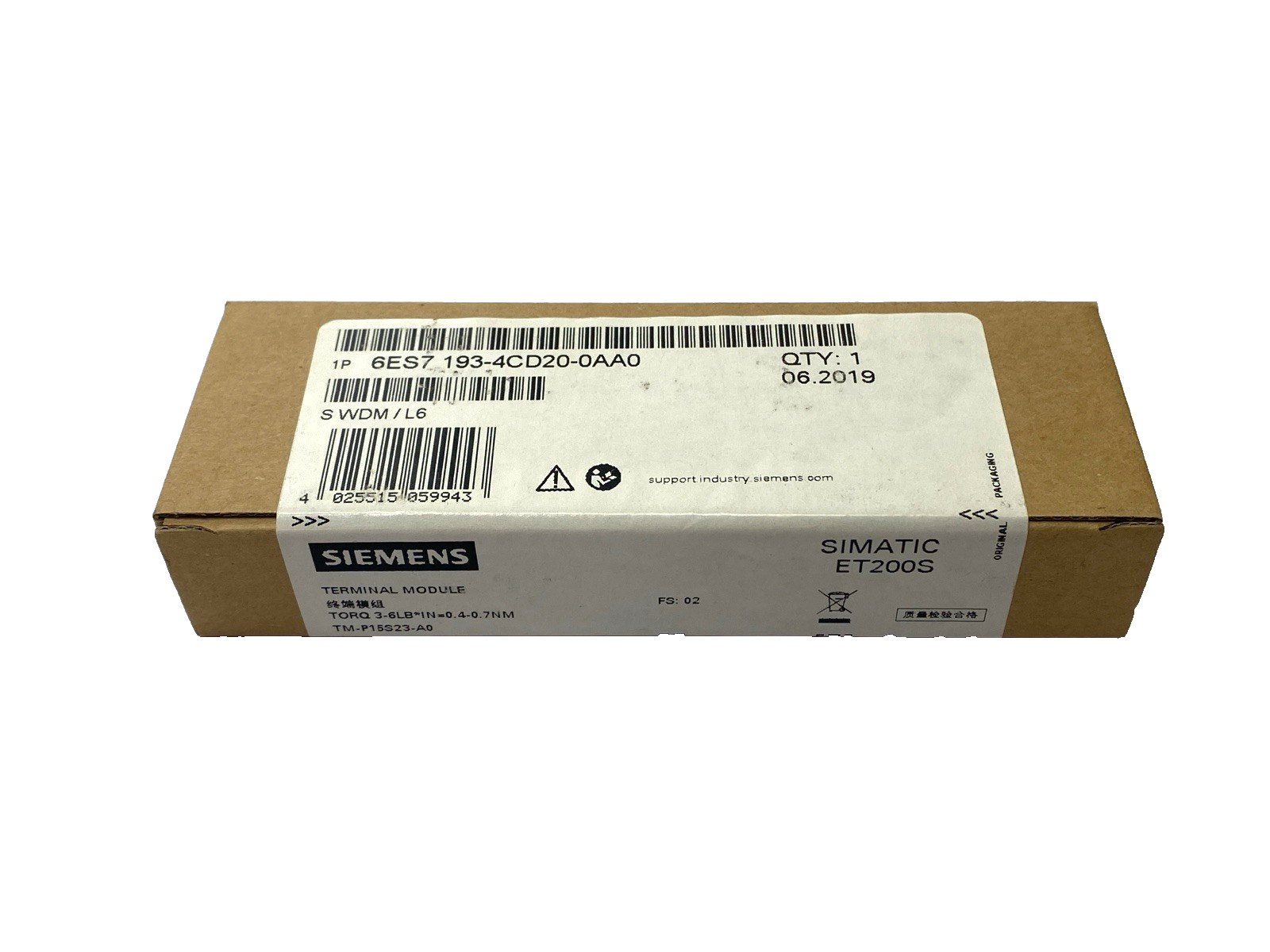 Siemens 6ES7 193-4CD20-0AA0 SIMATIC ET200S Terminal Module 15mm Width - Maverick Industrial Sales