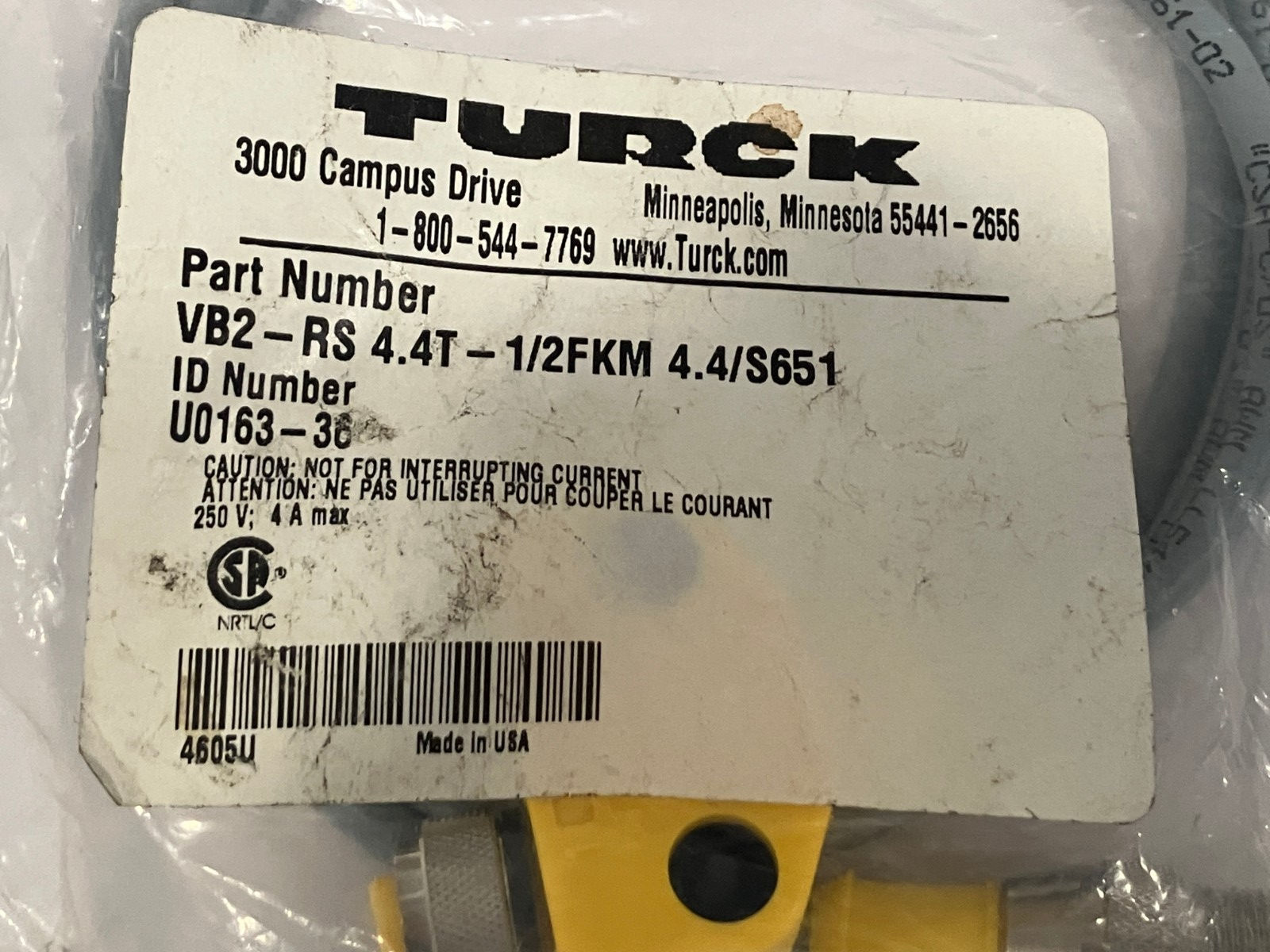Turck VB2-RS 4.4T-1/2FKM 4.4/S651 Splitter Cable 4-Pin M12 U0163-36 - Maverick Industrial Sales