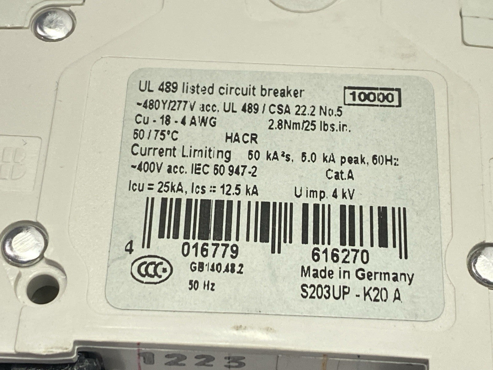 ABB S203UP-K20A Circuit Breaker 3-Pole 20A 480Y/277V - Maverick Industrial Sales