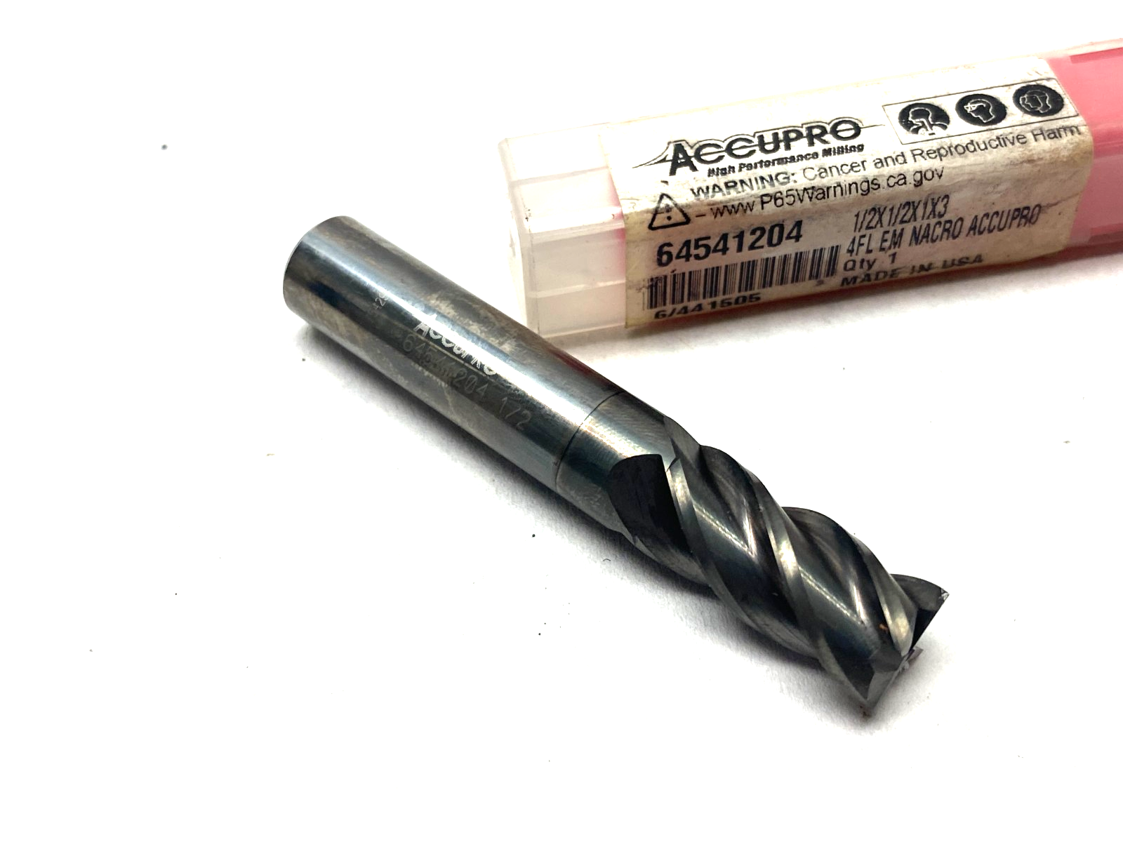 64541204 | Accupro Square End Mill: 1/2" Dia, 1" LOC, 4 Flute, Solid Carbide - New – Open box - Maverick Industrial Sales