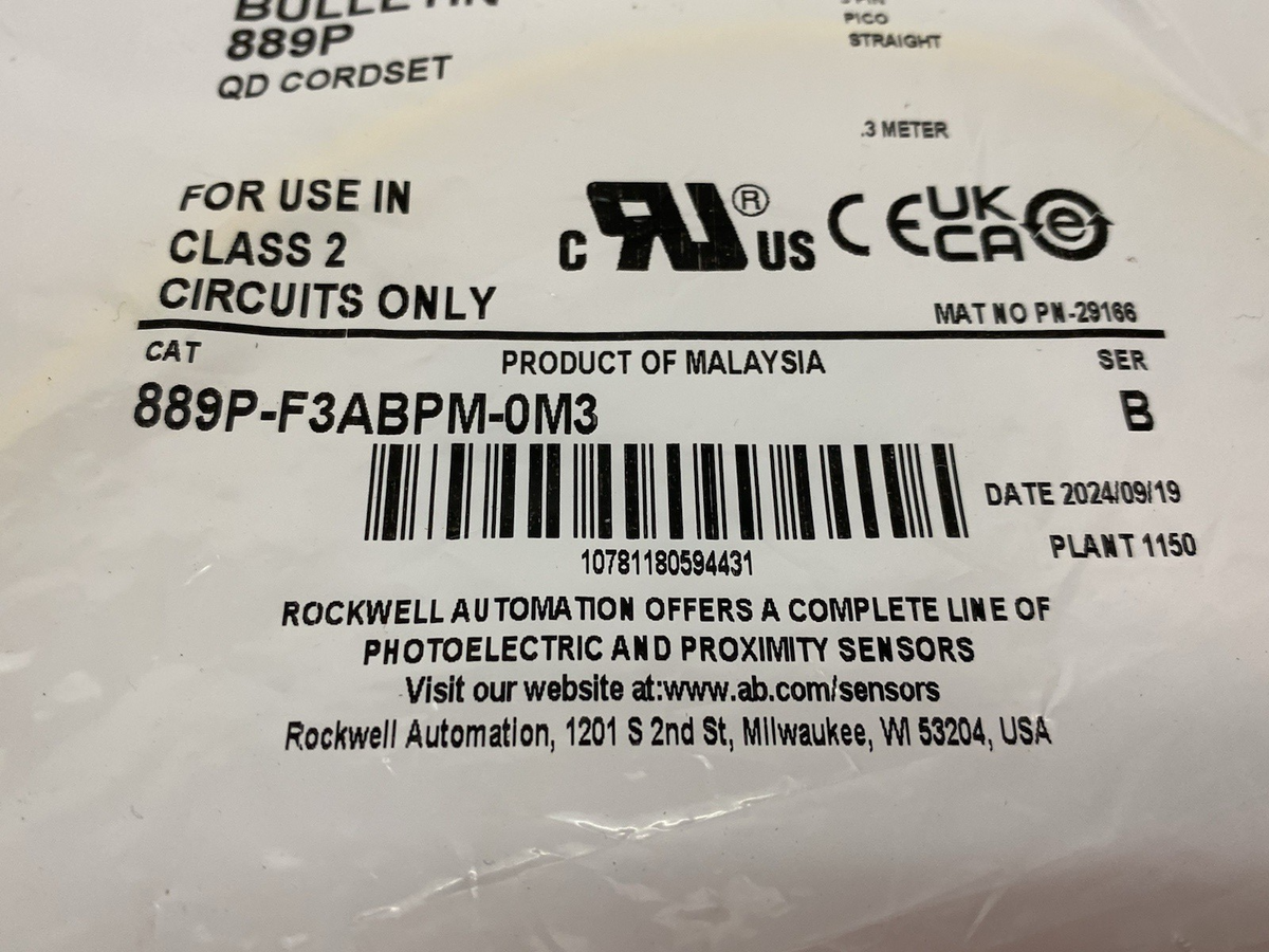 Allen Bradley 889P-F3ABPM-0M3 Ser. B Double Ended Pico Connection Cable 3-Pin - Maverick Industrial Sales