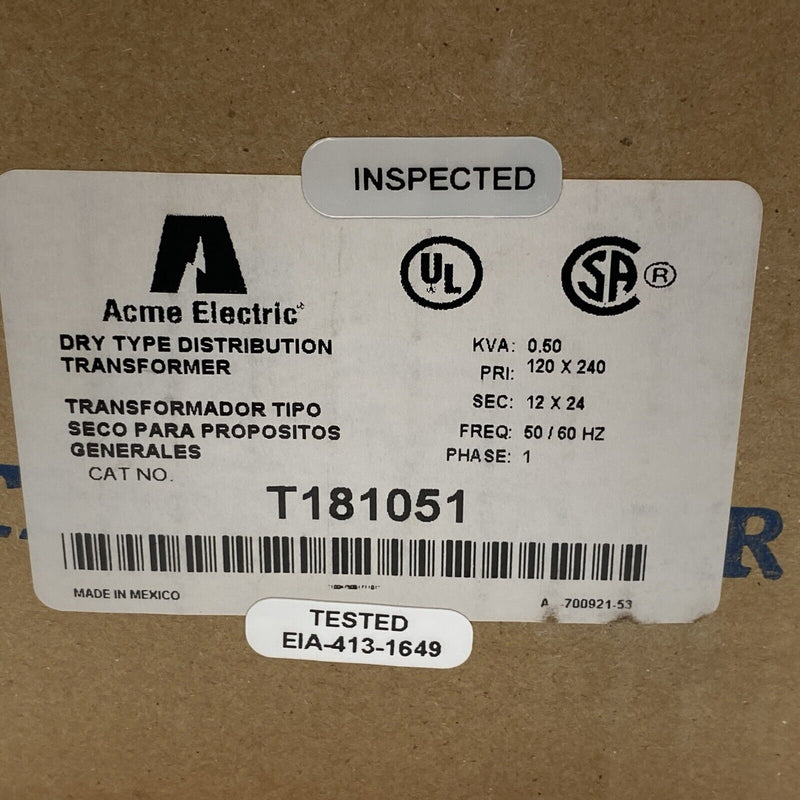 Acme Electric T181051 Transformer Primary: 120/240V, Sec: 12/24V , 1PH, 0.50 KVA - Maverick Industrial Sales