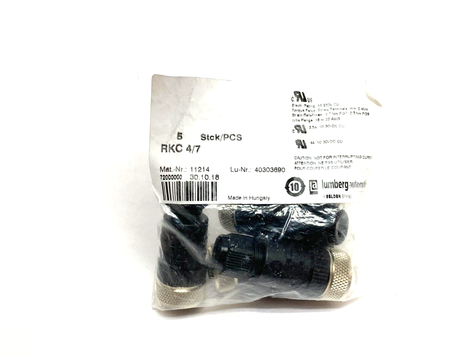 Lumberg Automation RKC 4/7 Field Attachable Connector M12 4-Pin 11214 PKG OF 5 - Maverick Industrial Sales