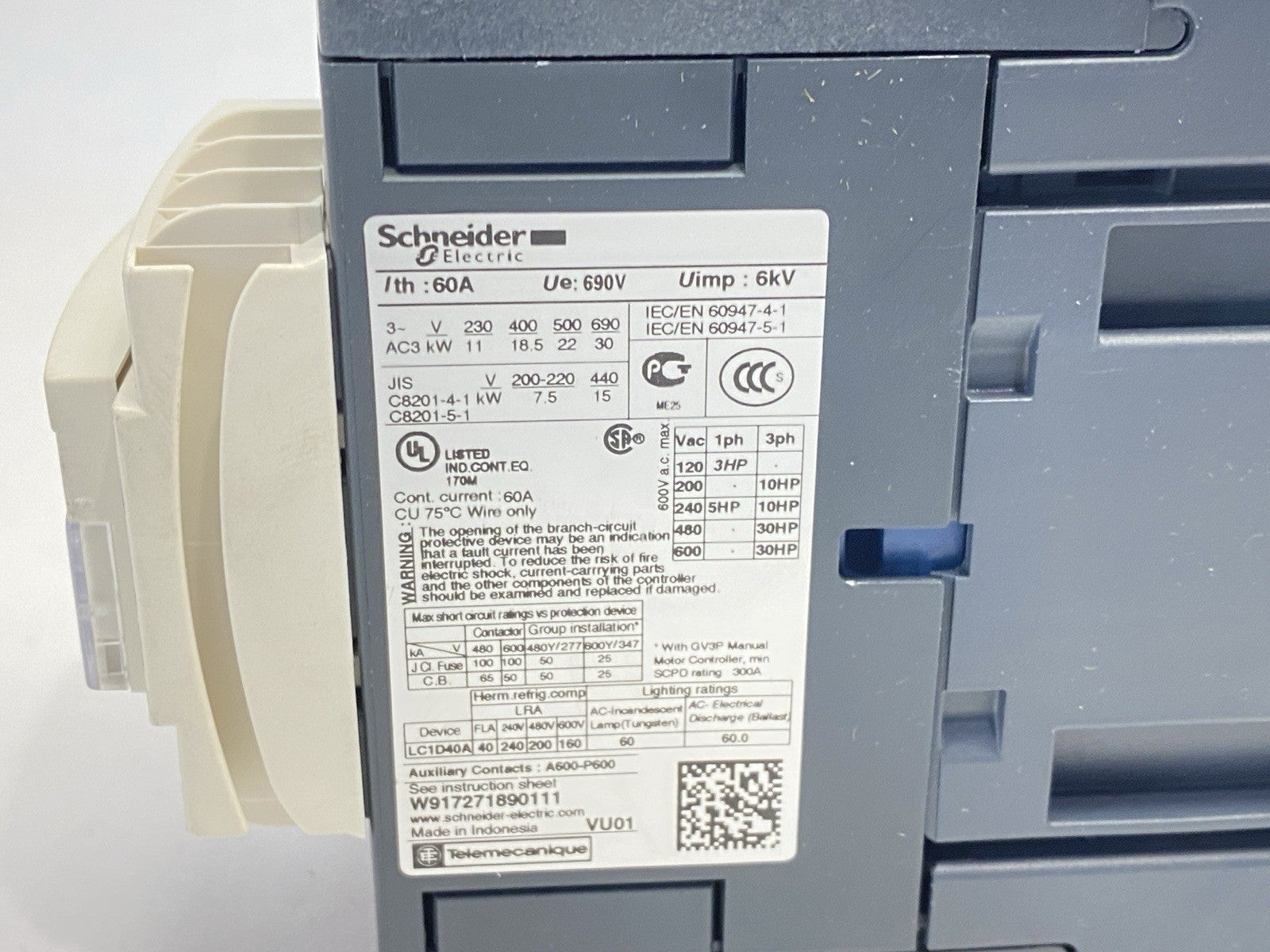 Schneider Electric LC1D40AF7 Contactor 3-Pole 40A 480V 120V Coil - Maverick Industrial Sales