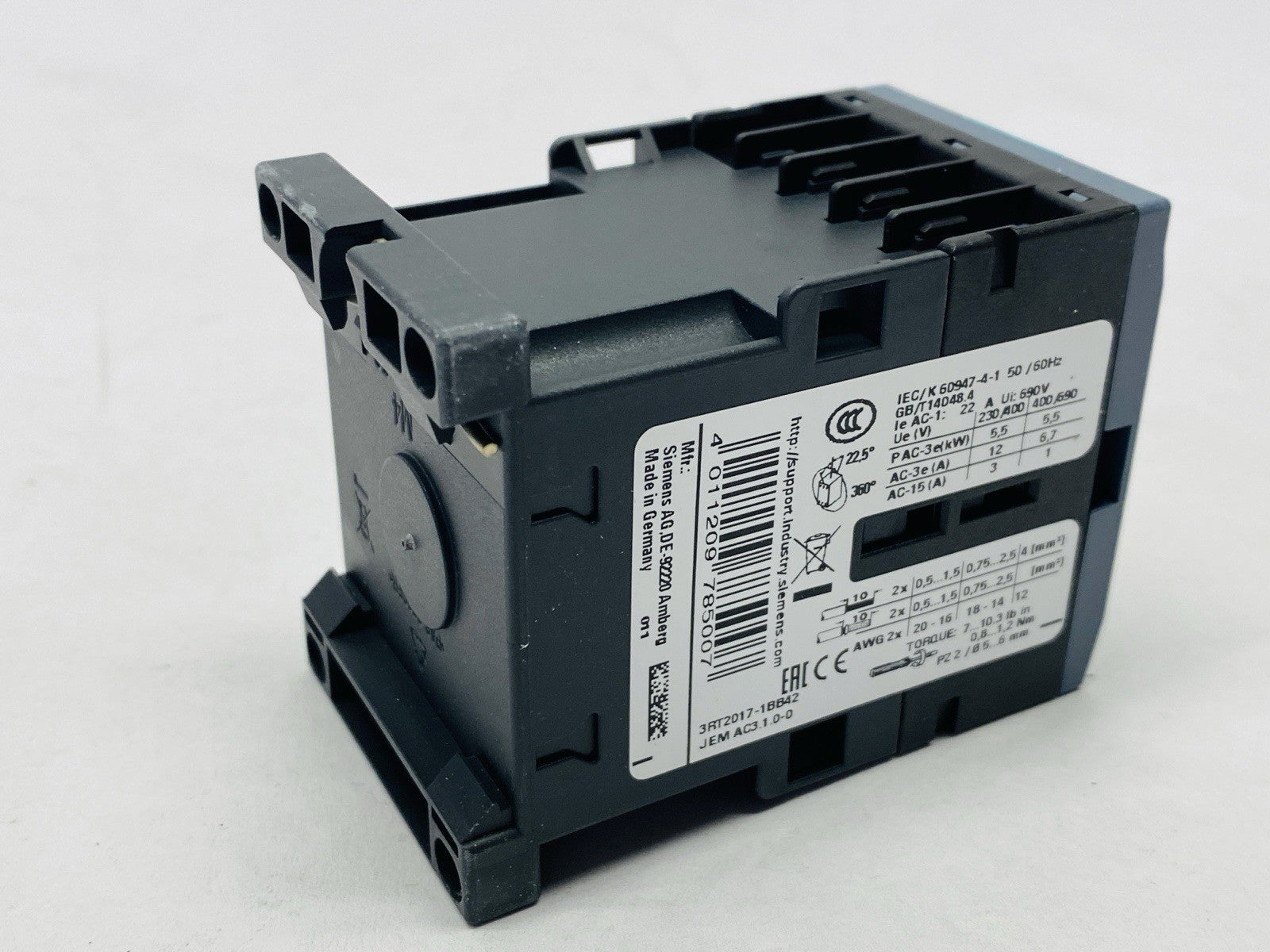 Siemens 3RT2017-1BB42 Power Contactor 3-Pole 12A 5.5kW 400V 24VDC - Maverick Industrial Sales