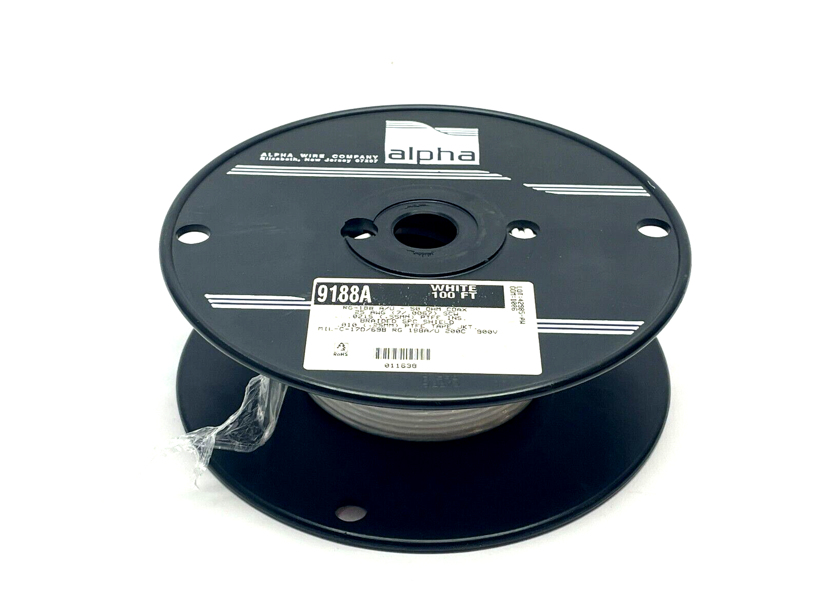 Alpha Wire 9188A WH005 Coaxial Cable 25 AWG RG-188A 100ft 50 Ohms - Maverick Industrial Sales