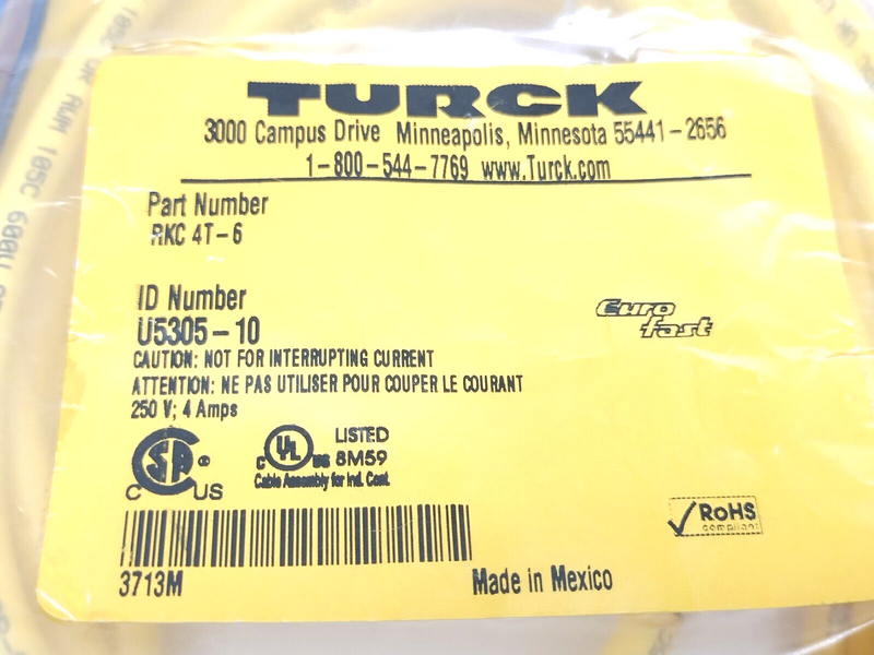 Turck RKC 4T-6 Single Ended Cordset M12 4-Pin Female 6m U5305-10 - Maverick Industrial Sales