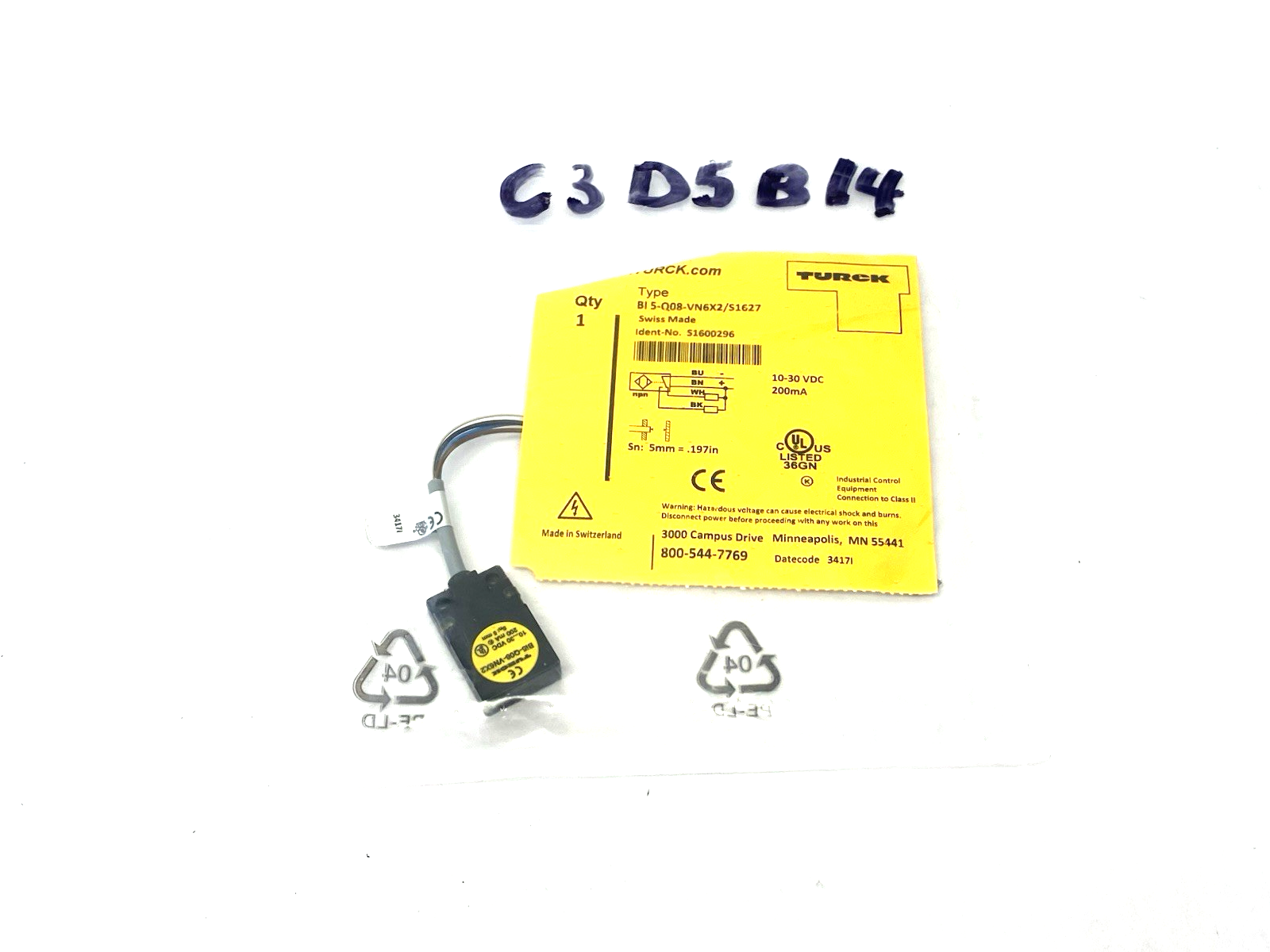 Turck BI 5-Q08-VN6X2/S1627 Inductive Proximity Sensor 5mm Sn NO/NC 1600296 - Maverick Industrial Sales