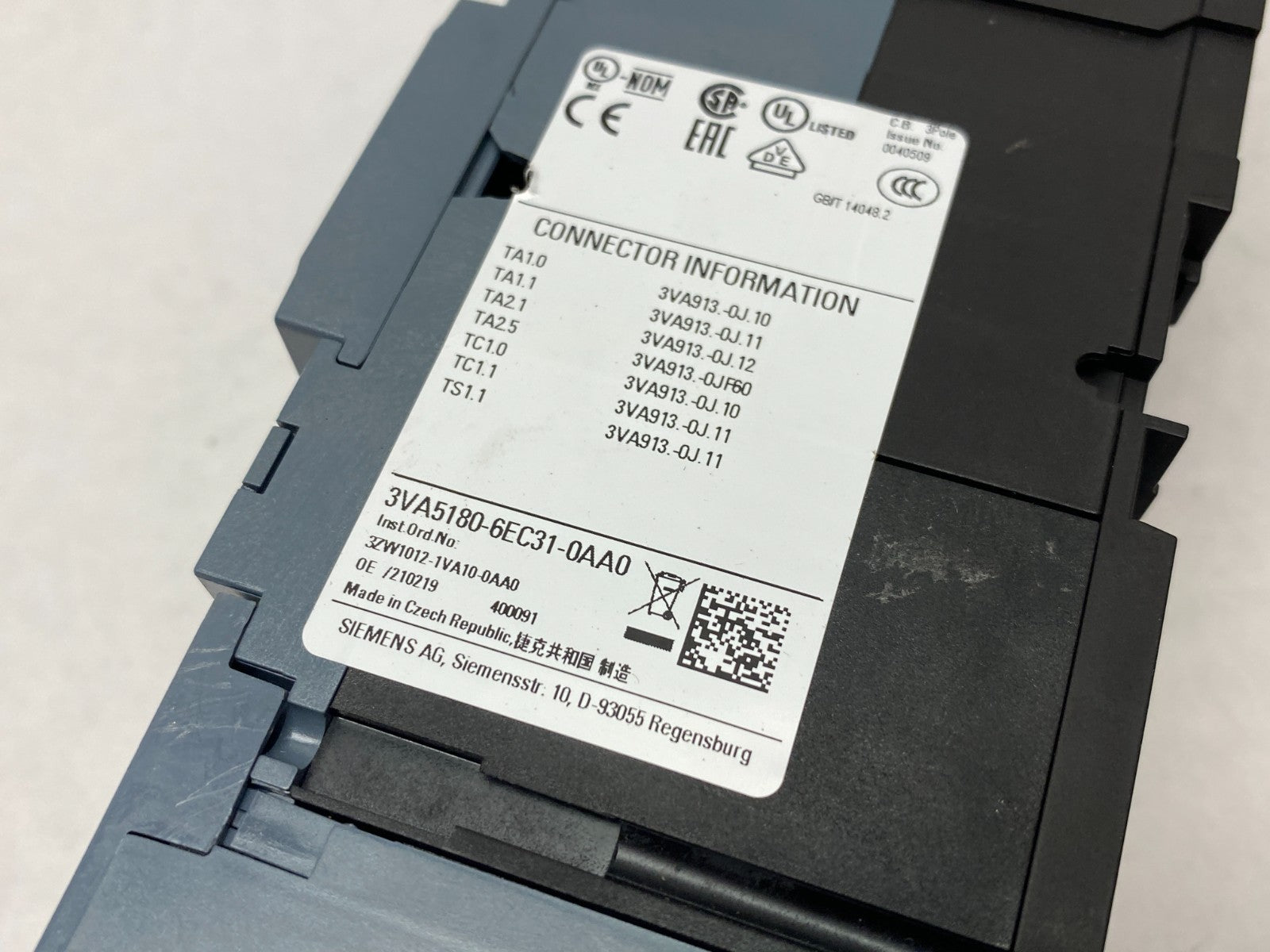 Siemens 3VA5180-6EC31-0AA0 Circuit Breaker 3-Pole 125 Breaking Capacity - Maverick Industrial Sales