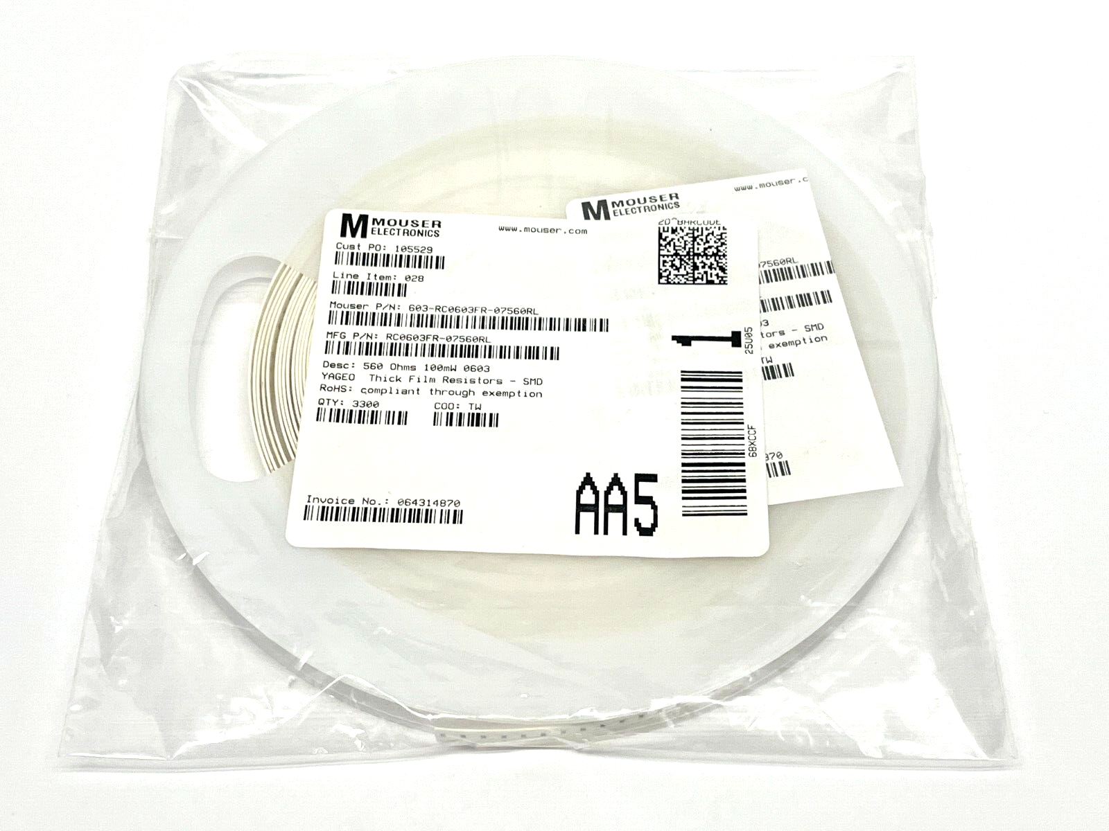 Yageo RC0603FR-07560RL Chip Resistor 560 Ohms ±1% 0.1W 1/10W LOT OF 3300 - Maverick Industrial Sales