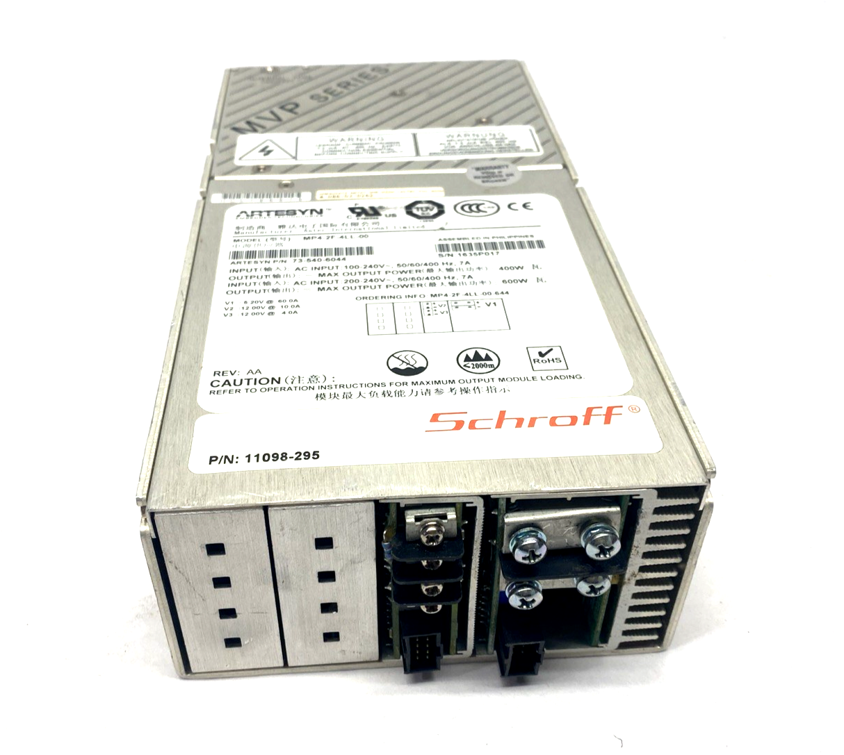 11098-295,MP4-2F-4LL-00,73-540-6044,4-086-03-0262 | Artesyn MP4-2F-4LL-00 MVP AC/DC Converter 240VAC 5.2V 60A 12V 10A 12V 4A 600W - Used - Maverick Industrial Sales