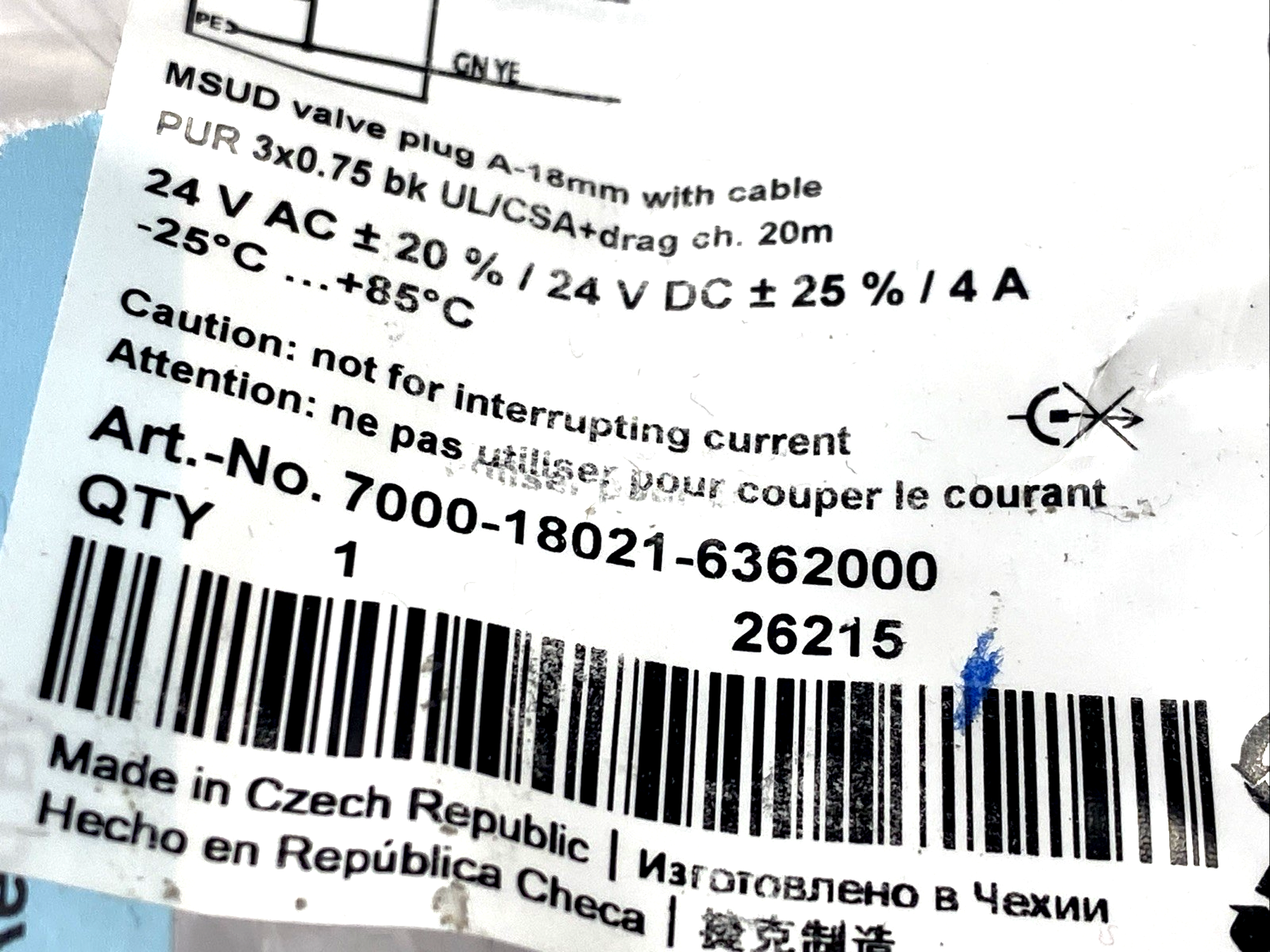 Murr Elektronik 7000-18021-6362000 MSUD Valve Plug Cordset A-18mm w/ Cable 20m - Maverick Industrial Sales