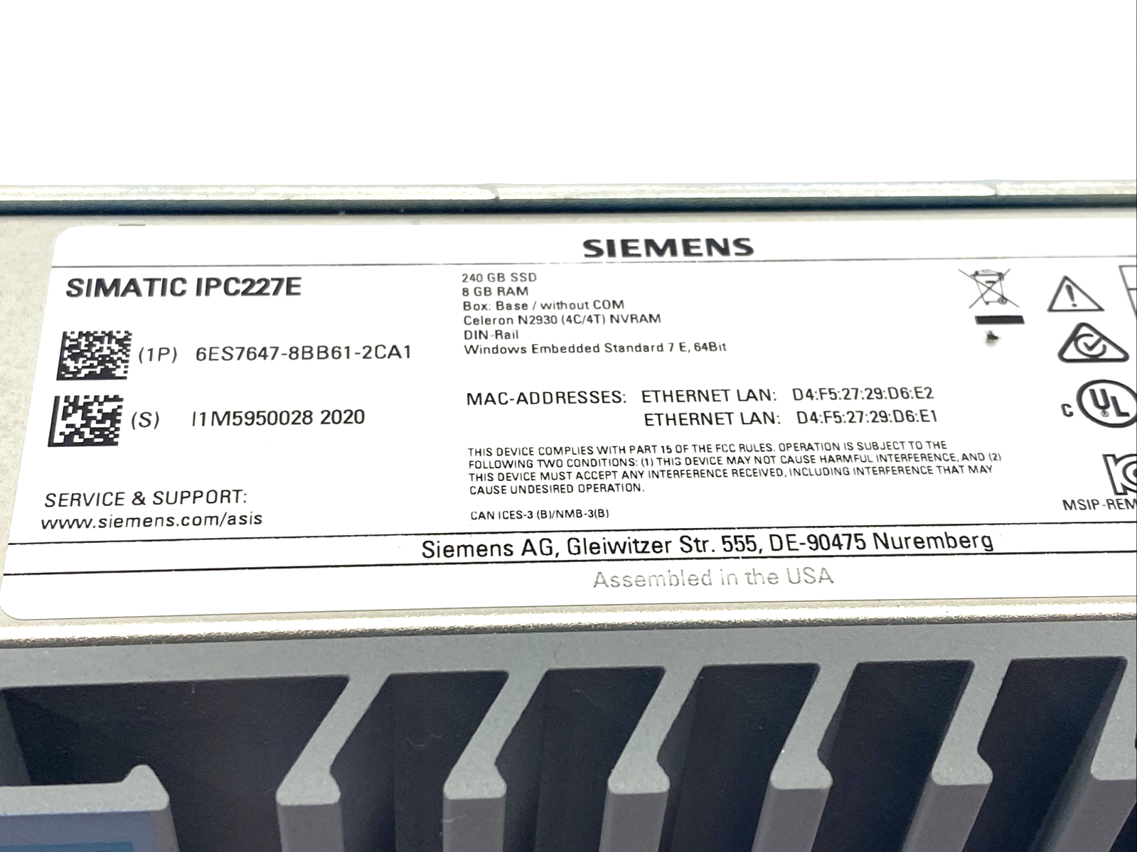 Siemens IPC227E SIMATIC Nanobox PC Industial Computer 6ES7647-8BB61-2CA1 - Maverick Industrial Sales