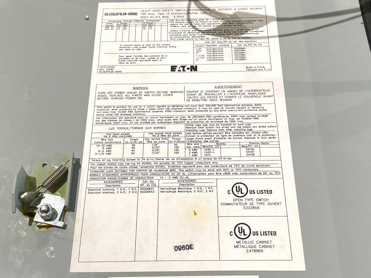 OLI363FDJB-0000 | Eaton OEM Line Isolation Safety Switch 600V 100A PAINTED BLUE - For parts or not working - Maverick Industrial Sales