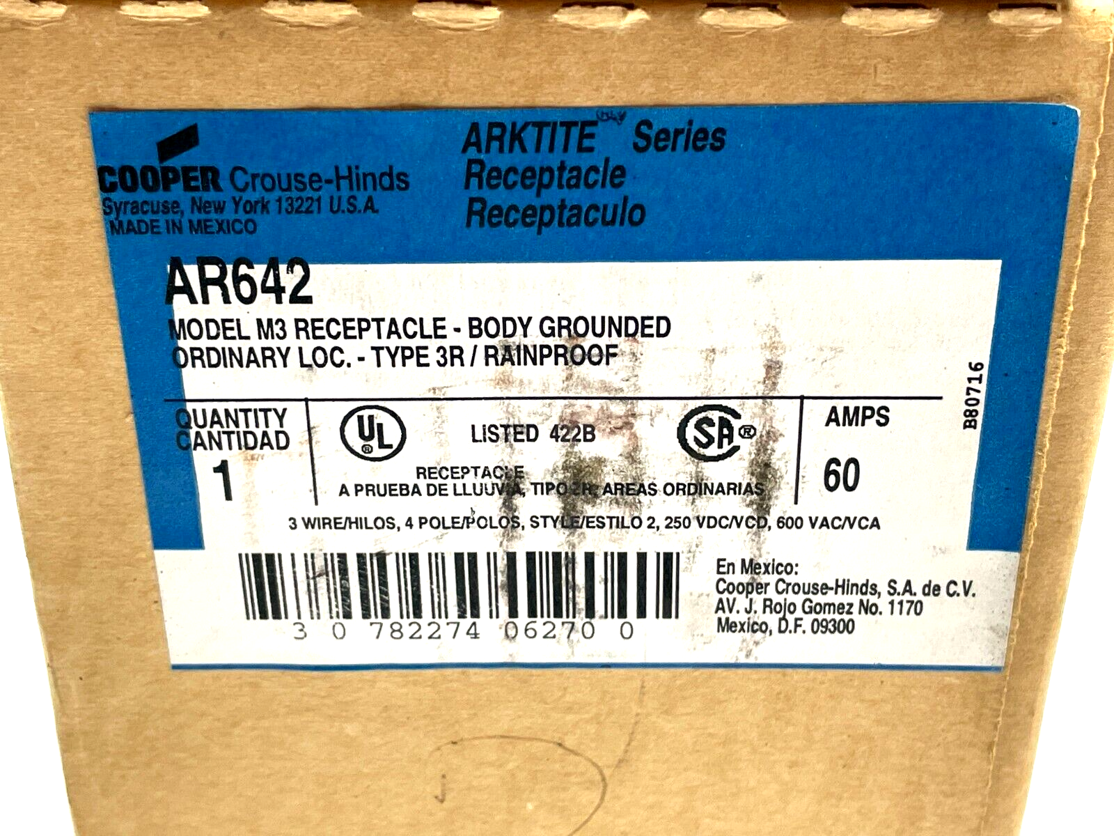 Cooper Crouse Hinds Arktite AR642 Receptacle 60A 4-Pole 3-Wire - Maverick Industrial Sales