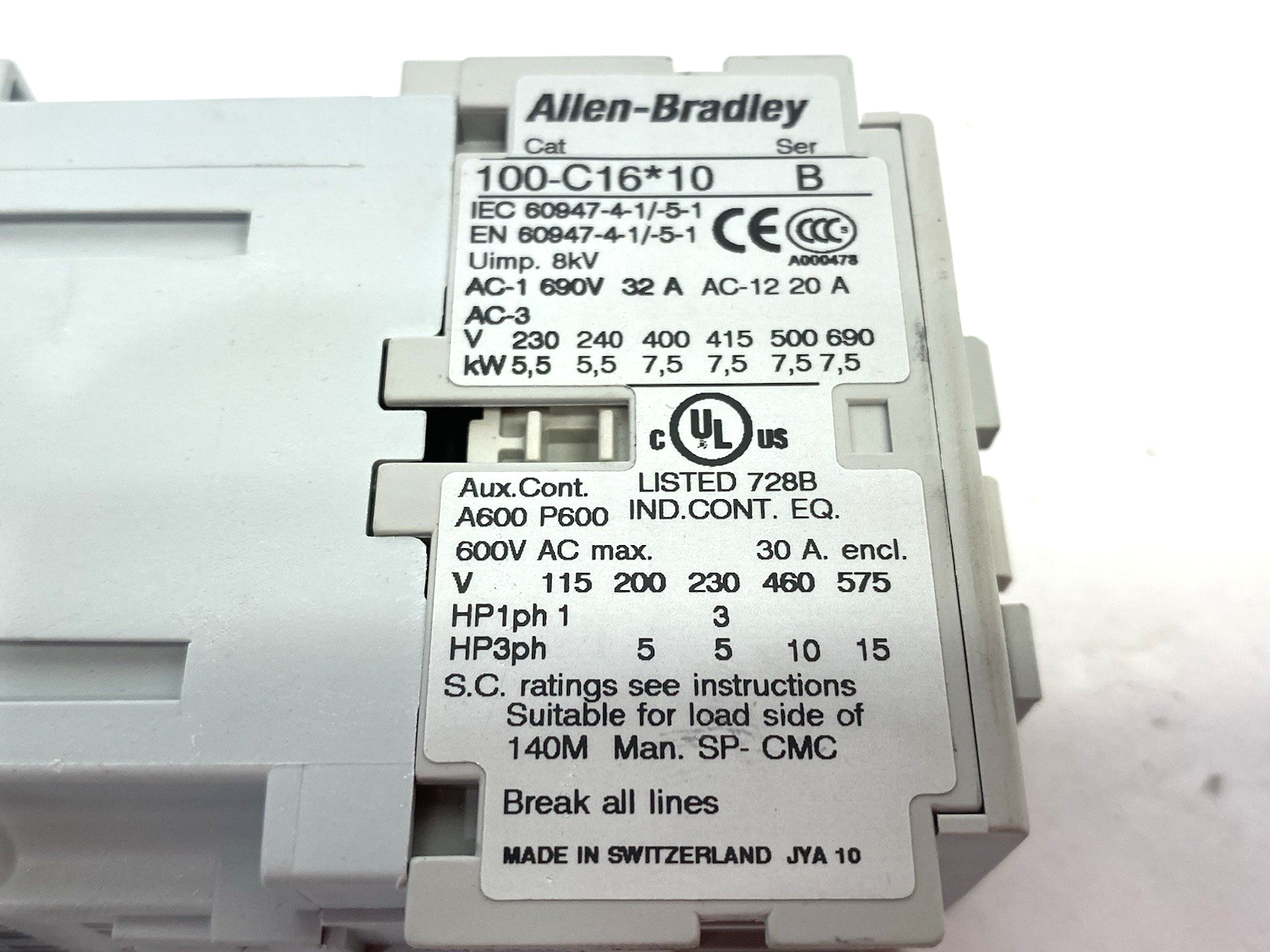 Allen Bradley 100-C16D10 Ser. B IEC 16 A Contactor, 1 NO Contacts & 0 NC Contact - Maverick Industrial Sales