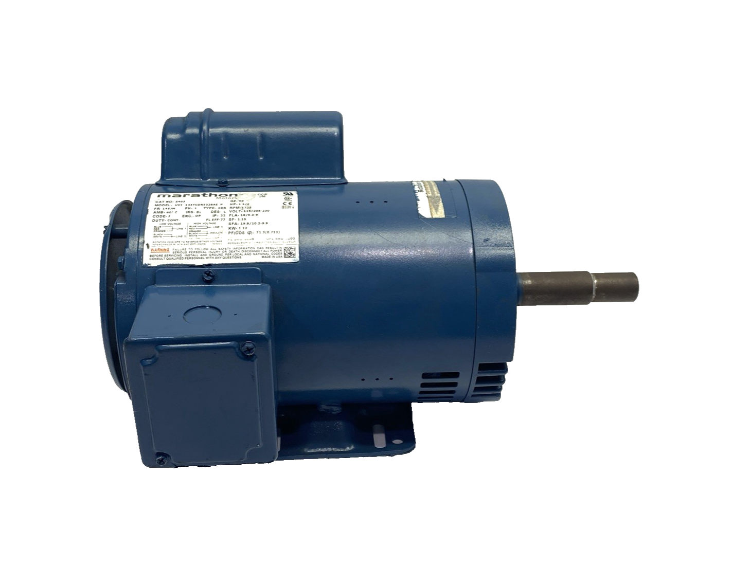 Z403 | Marathon Motor 1PH 1.12 kW 1-1/2 HP 115/208-230V UVJ 145TCDR5328AE P - Used - Maverick Industrial Sales