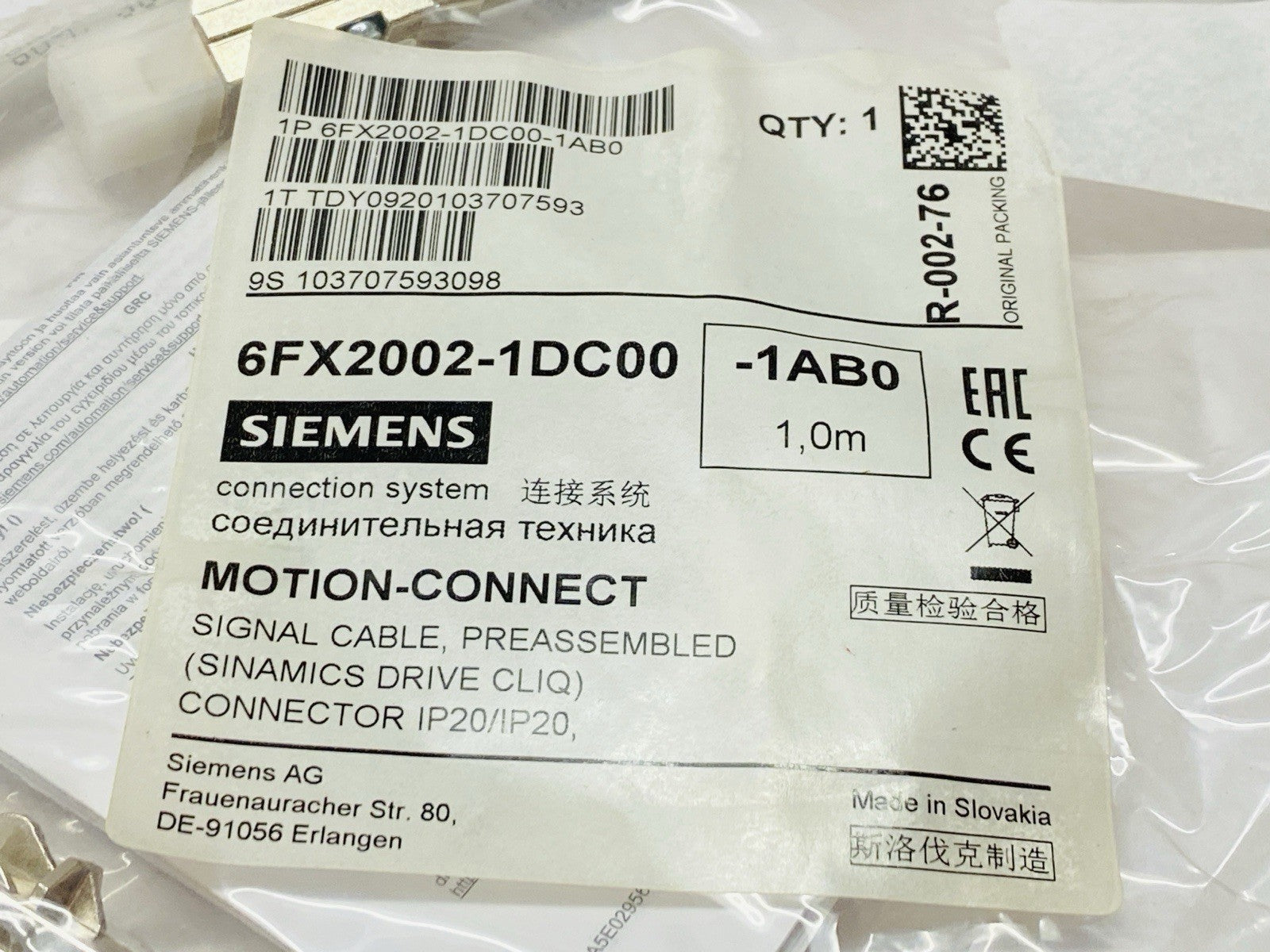 Siemens 6FX2002-1DC00-1AB0 SINAMICS Drive CLiQ Signal Cable 1m 24V - Maverick Industrial Sales