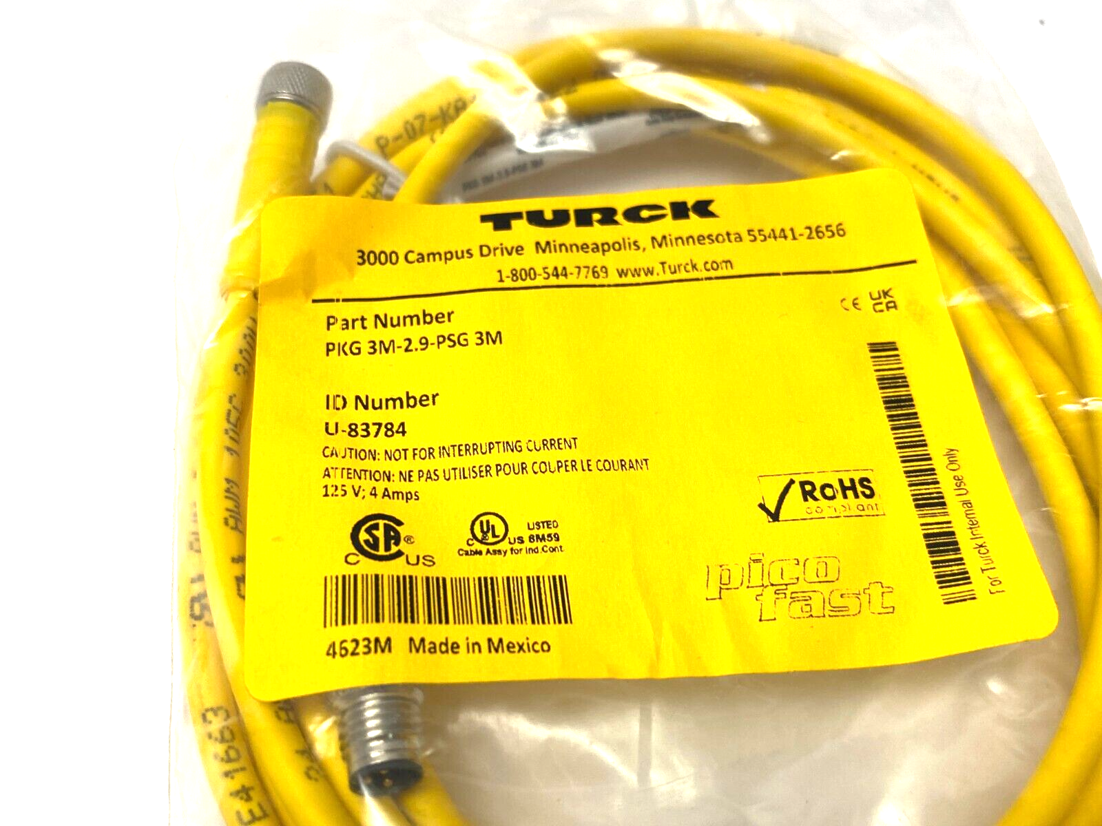 PKG 3M-2.9-PSG 3M, U-83784 | Turck PKG 3M-2.9-PSG 3M Picofast Double Ended Cordset U-83784 - New - Maverick Industrial Sales