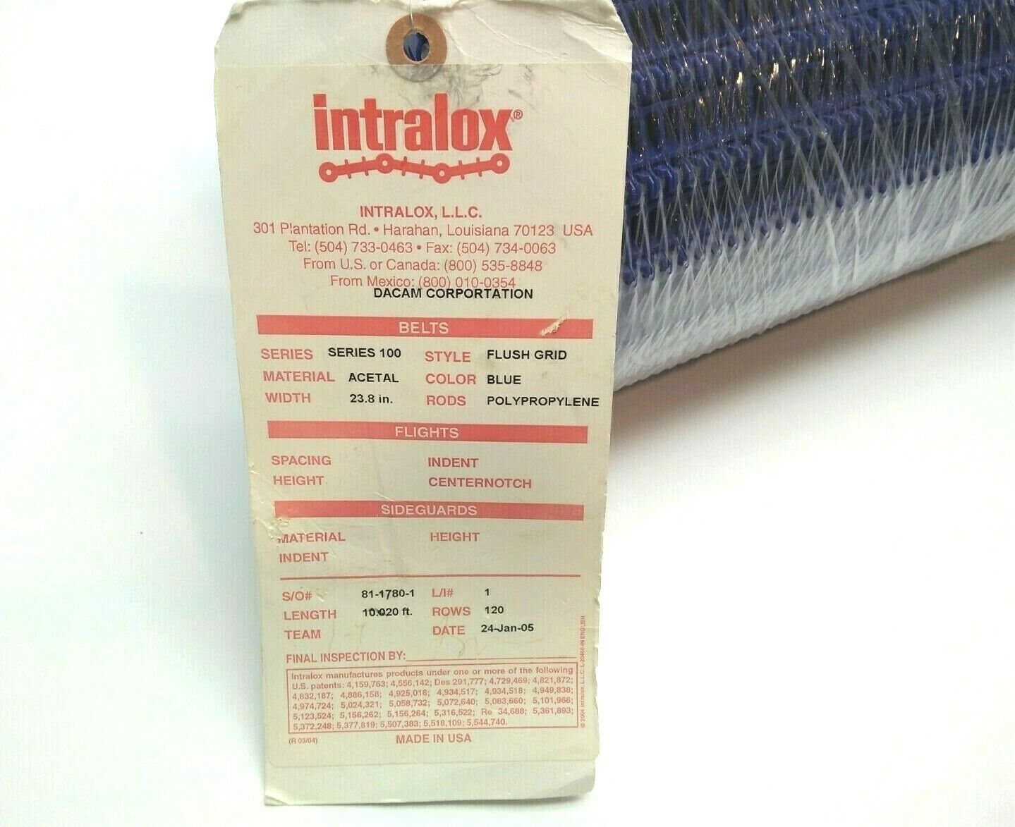 Intralox Mattop 1.00 inch (25.40 mm) Pitch Straight Conveyor Belt Series 100,10' - Maverick Industrial Sales