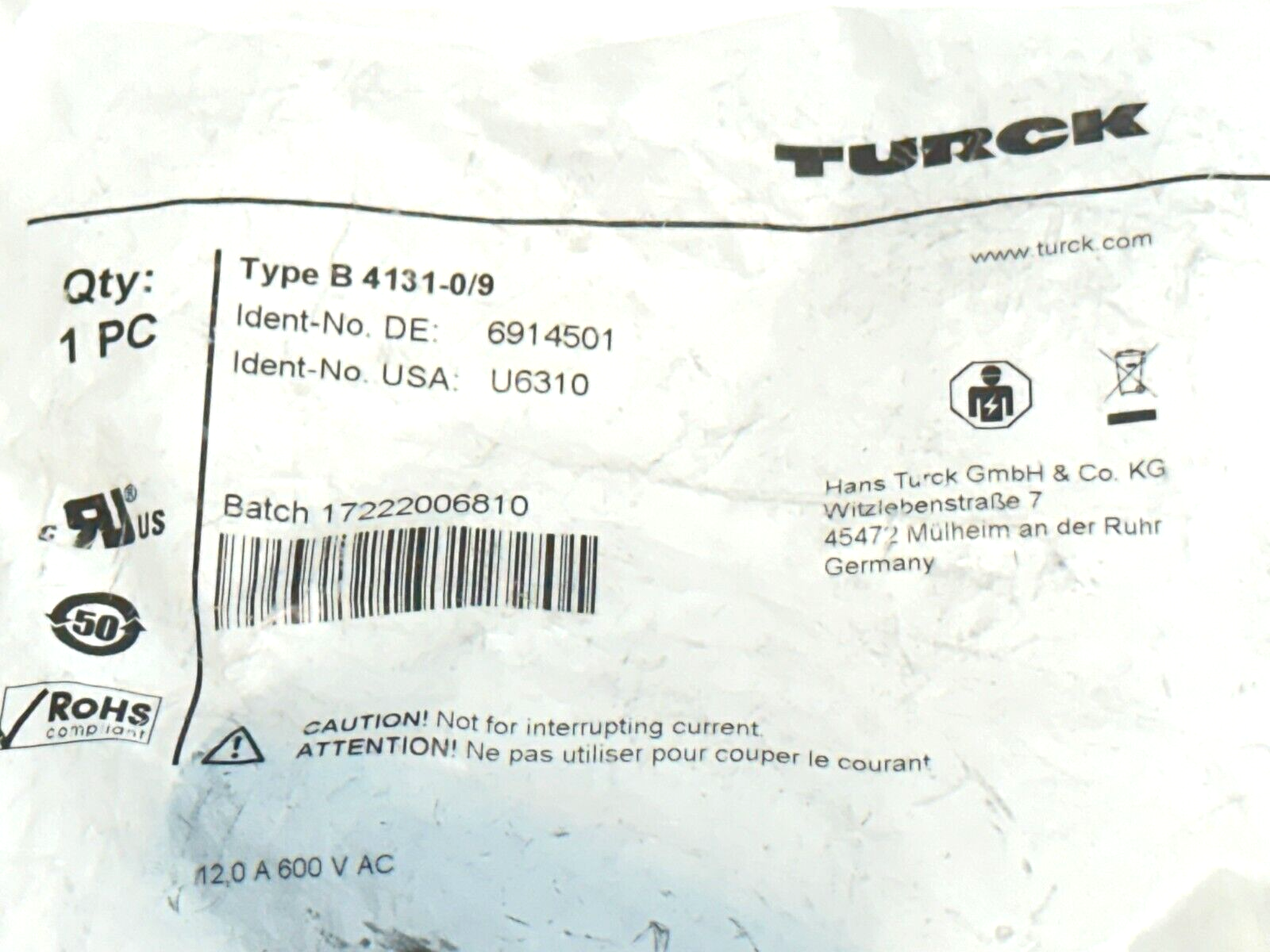 Turck B 4131-0/9 Minifast Field Wireable 7/8" 3-Pin Female Connector U6310 - Maverick Industrial Sales