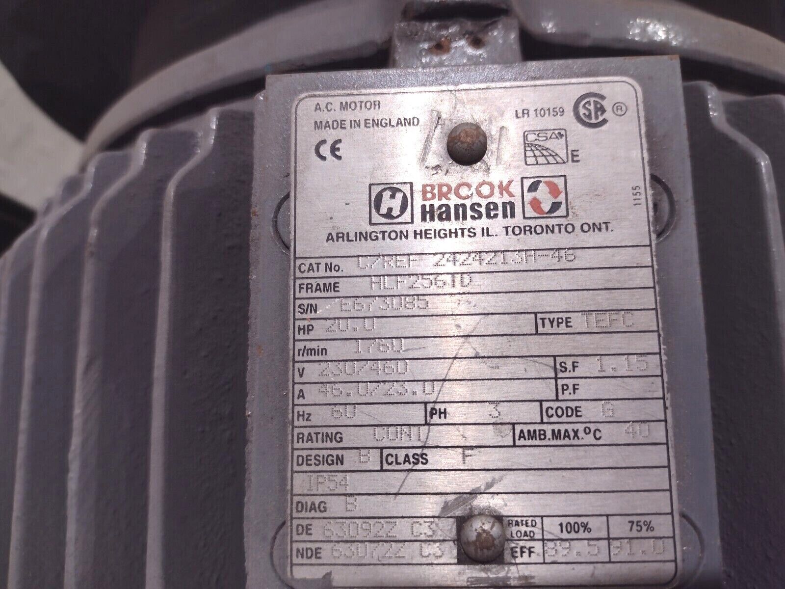 Brook Hansen C7REF 2424213H-46 20HP 1760 RPM HLF2561D 230/460 Motor 46A TEFC - Maverick Industrial Sales