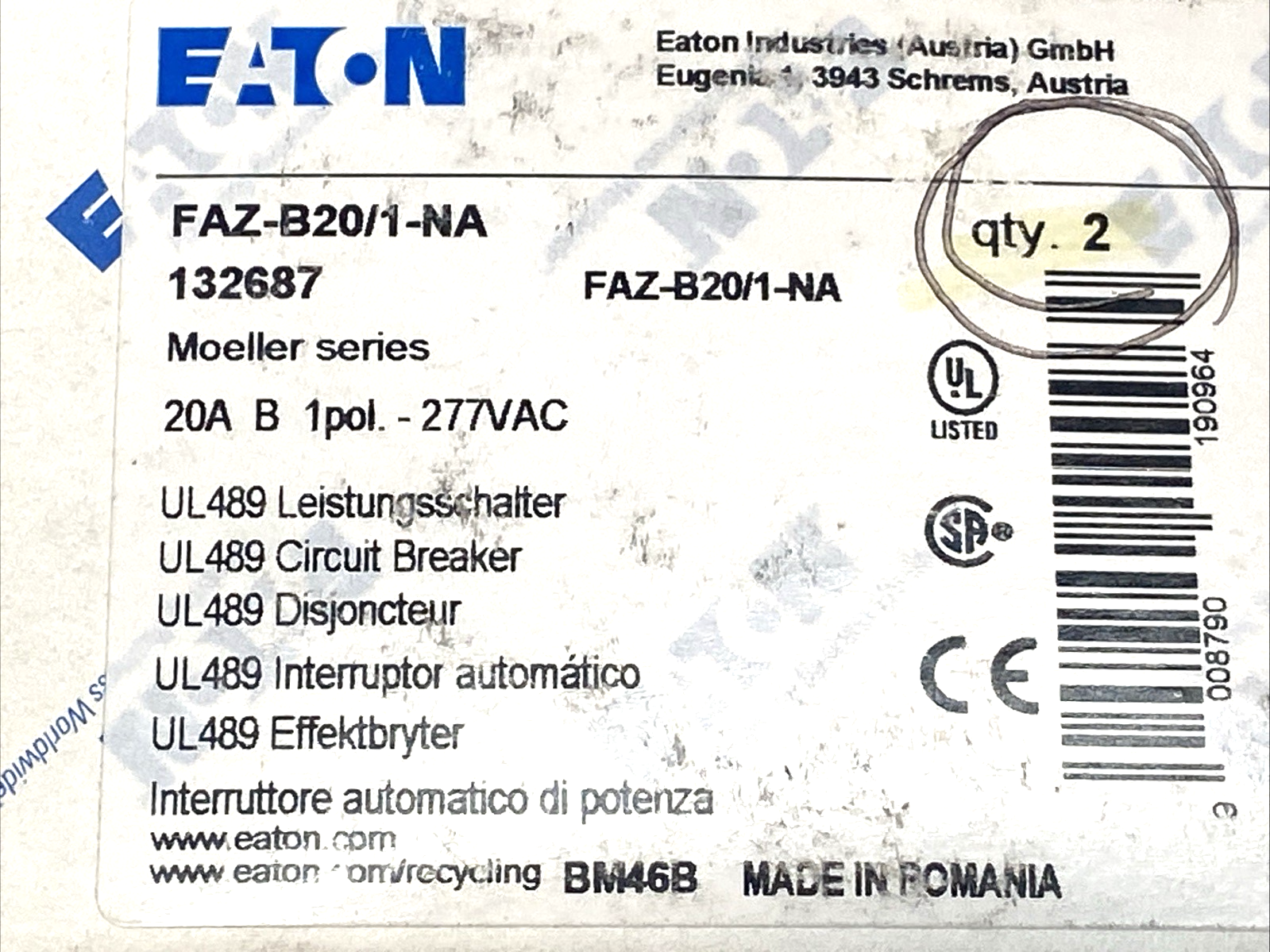 Eaton FAZ-B20/1-NA Circuit Breaker 1-Pole B-Curve 20A 132687 BOX OF 2 - Maverick Industrial Sales
