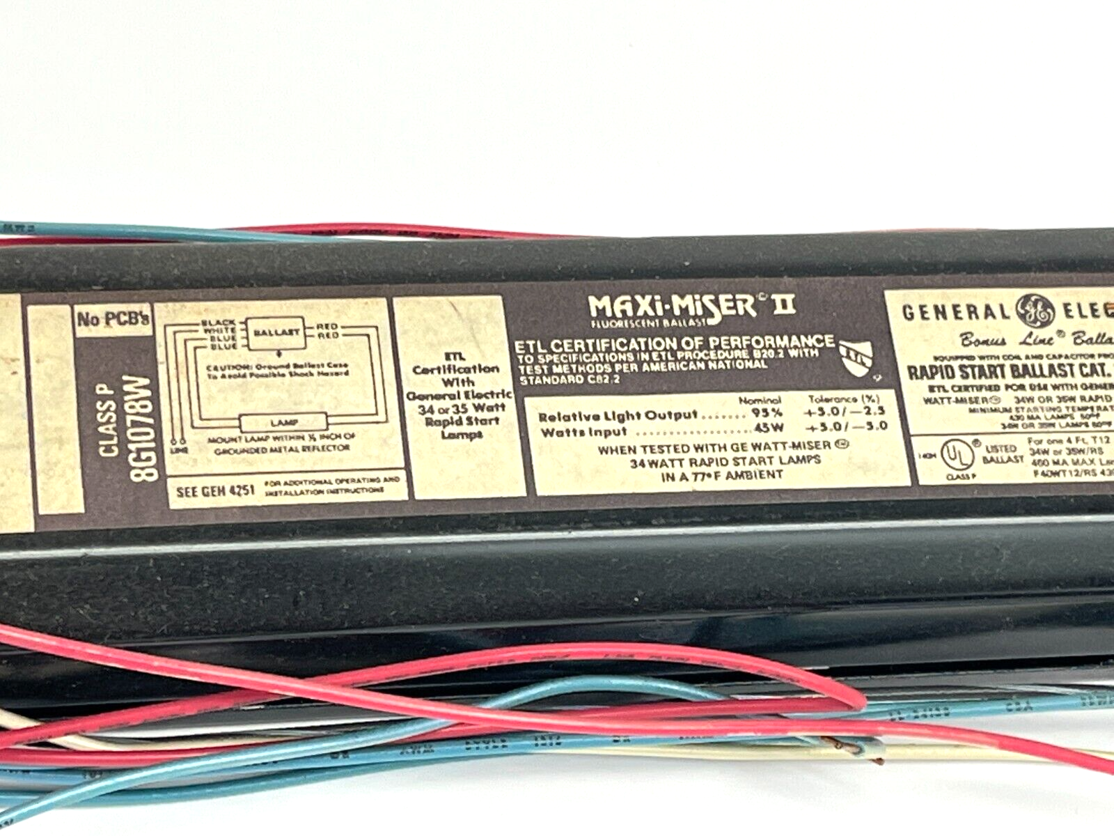 General Electric 8G1078W Maxi-Miser Rapid Start Ballast for F40W12/RS-430MA - Maverick Industrial Sales