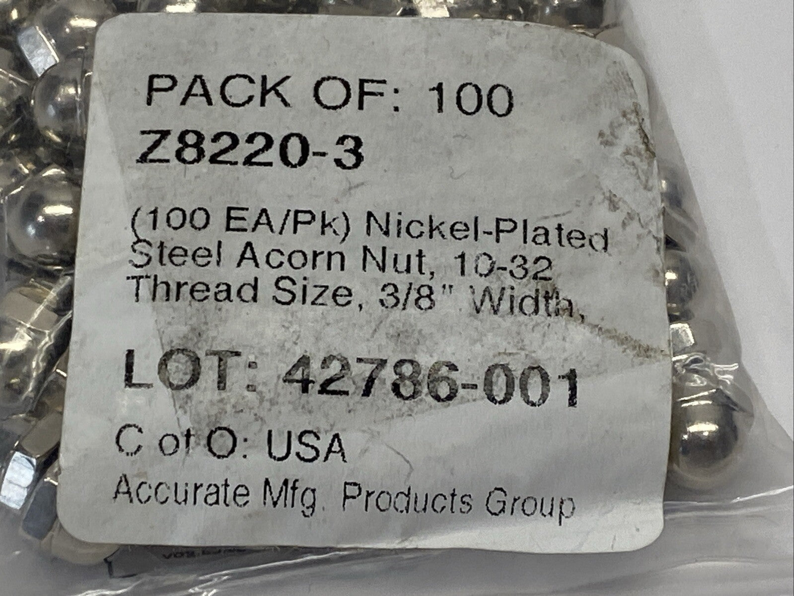 Accurate Mfg Z8220-3 Nickel-Plated Steel Acorn Nut 10-32 3/8" Width PKG OF 100 - Maverick Industrial Sales