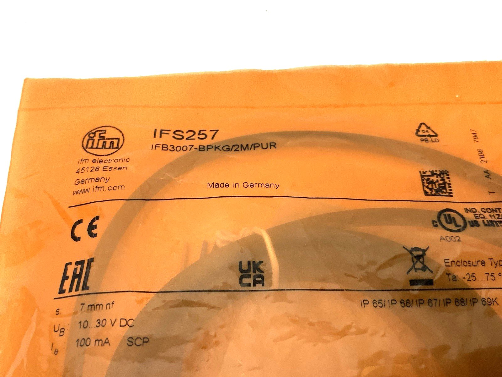 Ifm IFS257 Inductive Sensor 2m PUR Cable, PNP, Normally Open IFB3007-BPKG/2M/PUR - Maverick Industrial Sales