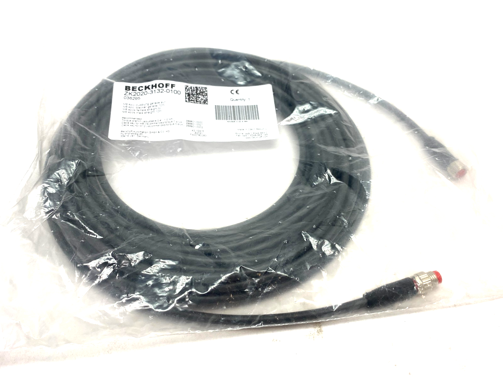 Beckhoff ZK2020-3132-0100 Double Ended Power Cable M8 4-Pin 10m 036295 - Maverick Industrial Sales