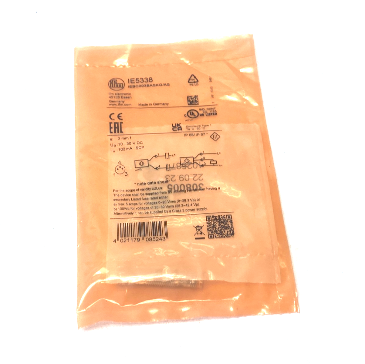 Ifm IEBC003BASKG/AS Inductive Proximity Sensor, M8 Thread, 3mm Range, IE5338 - Maverick Industrial Sales