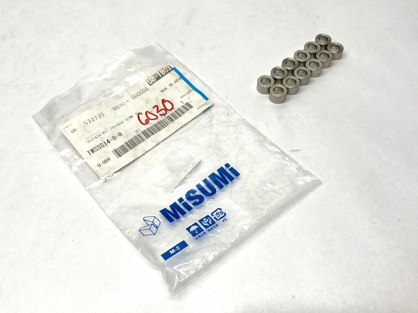 TWSSS14-8-8 | Misumi Flat Spacers 14mm OD 8mm ID 8mm Thickness LOT OF 12 - New – Open box - Maverick Industrial Sales