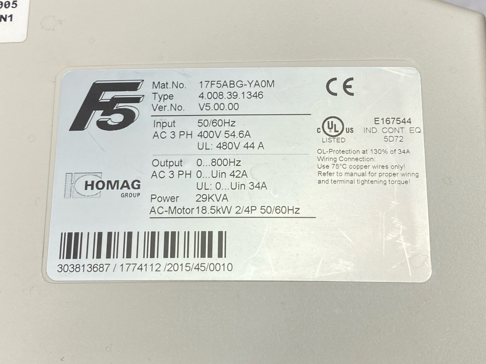 KEB Homag 17F5ABG-YA0M F5 AC Motor Drive 18.5kW 4.008.39.1346 - Maverick Industrial Sales