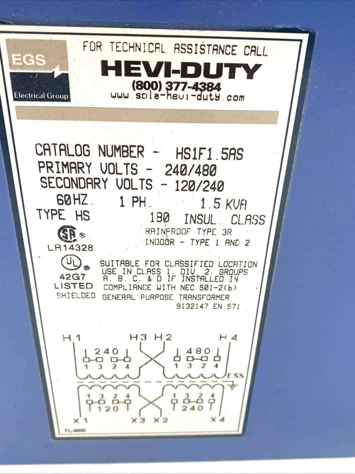 HS1F1.5AS | EGS 1.5kVA Transformer 240/480V - 120/240V NEMA 3R HS Series - Used - Maverick Industrial Sales