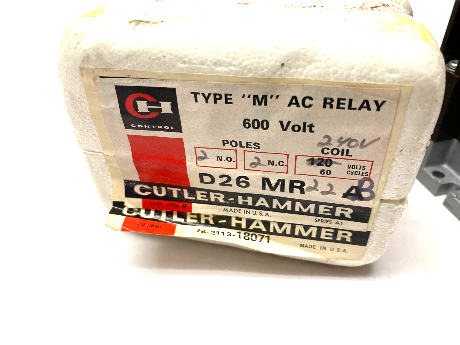 Cutler-Hammer D26MR22B Type M AC Relay 600V 2 N.O. 2 N.C. Poles 240V Coil - Maverick Industrial Sales