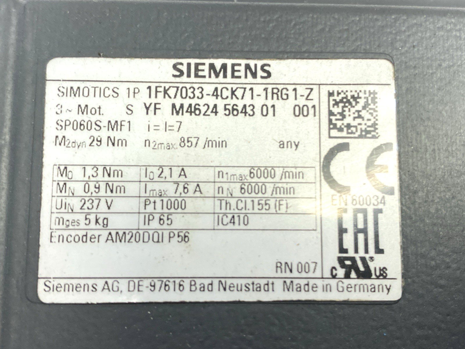 1FK7033-4CK71-1RG1-Z | Siemens SIMOTICS S Synchronous Motor - New – Open box - Maverick Industrial Sales