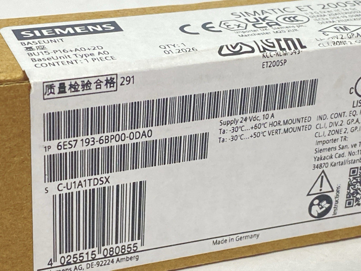 6ES7 193-6BP00-0DA0 | Siemens SIMATIC ET 200SP Base Unit Type A0 24VDC - New - Maverick Industrial Sales