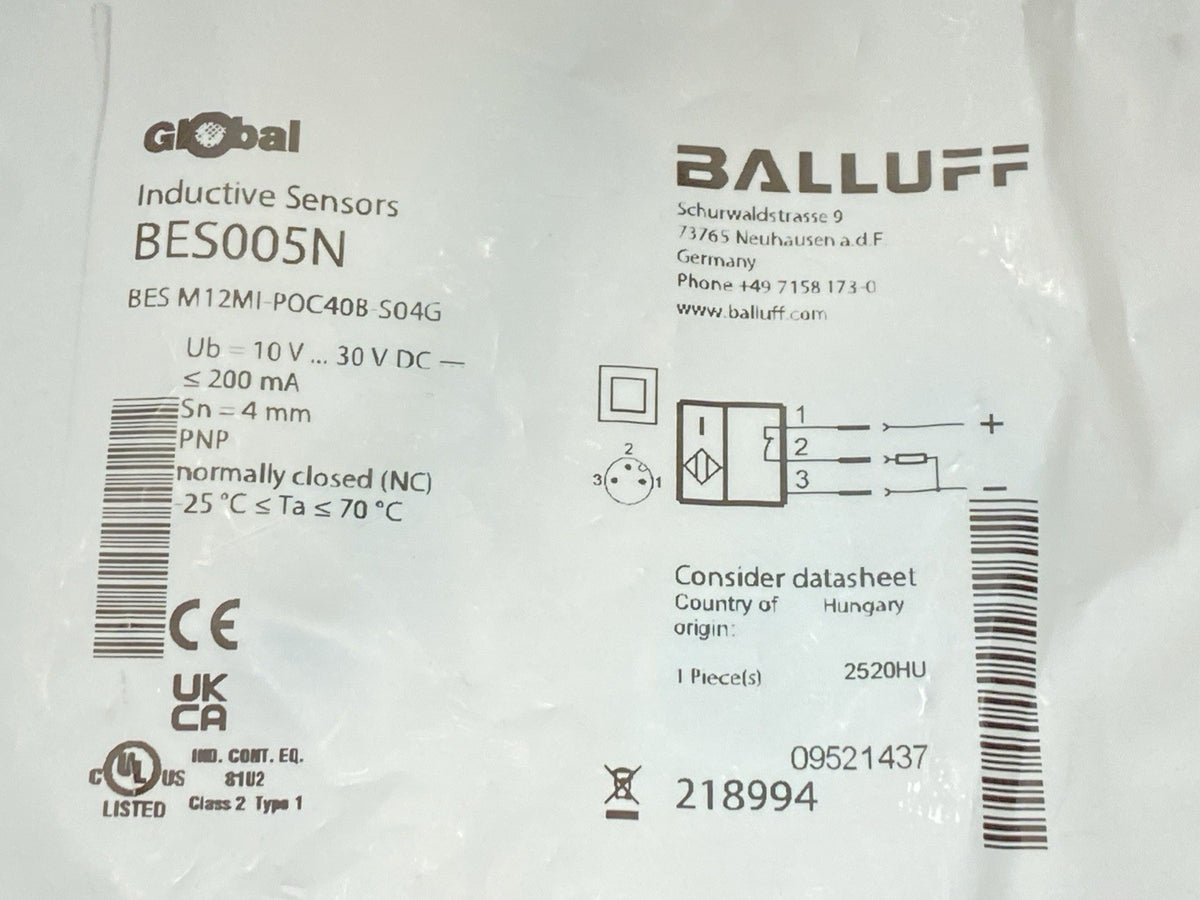Balluff BES005N Inductive Proximity Sensor BES M12MI-POC40B-S04G