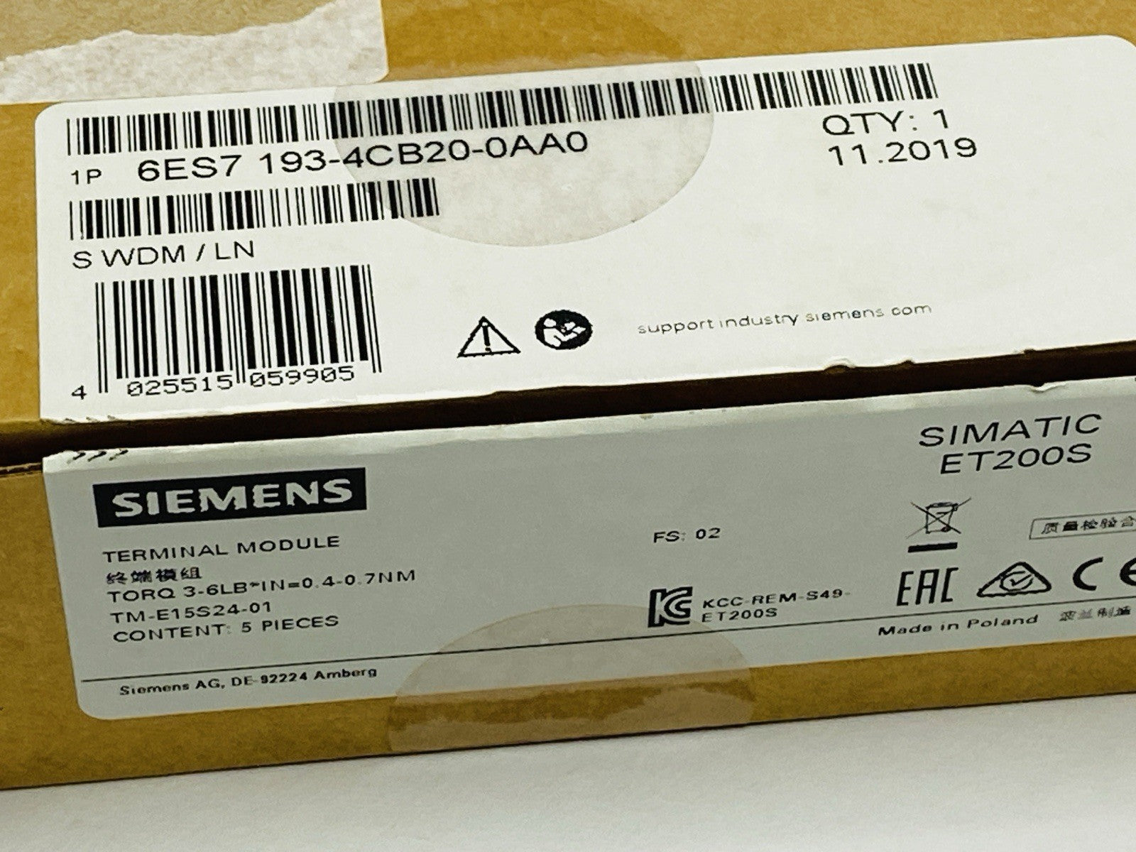 Siemens 6ES7 193-4CB20-0AA0 SIMATIC ET200S Terminal Module BOX OF 5 - Maverick Industrial Sales
