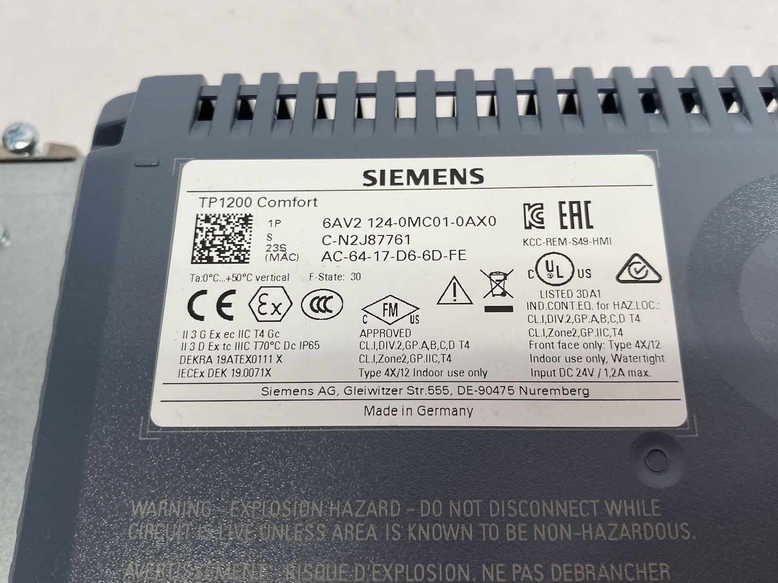 Siemens 6AV2124-0MC01-0AX0 SIMATIC HMI TP1200 Comfort Panel, Touch Op. 12" TFT - Maverick Industrial Sales