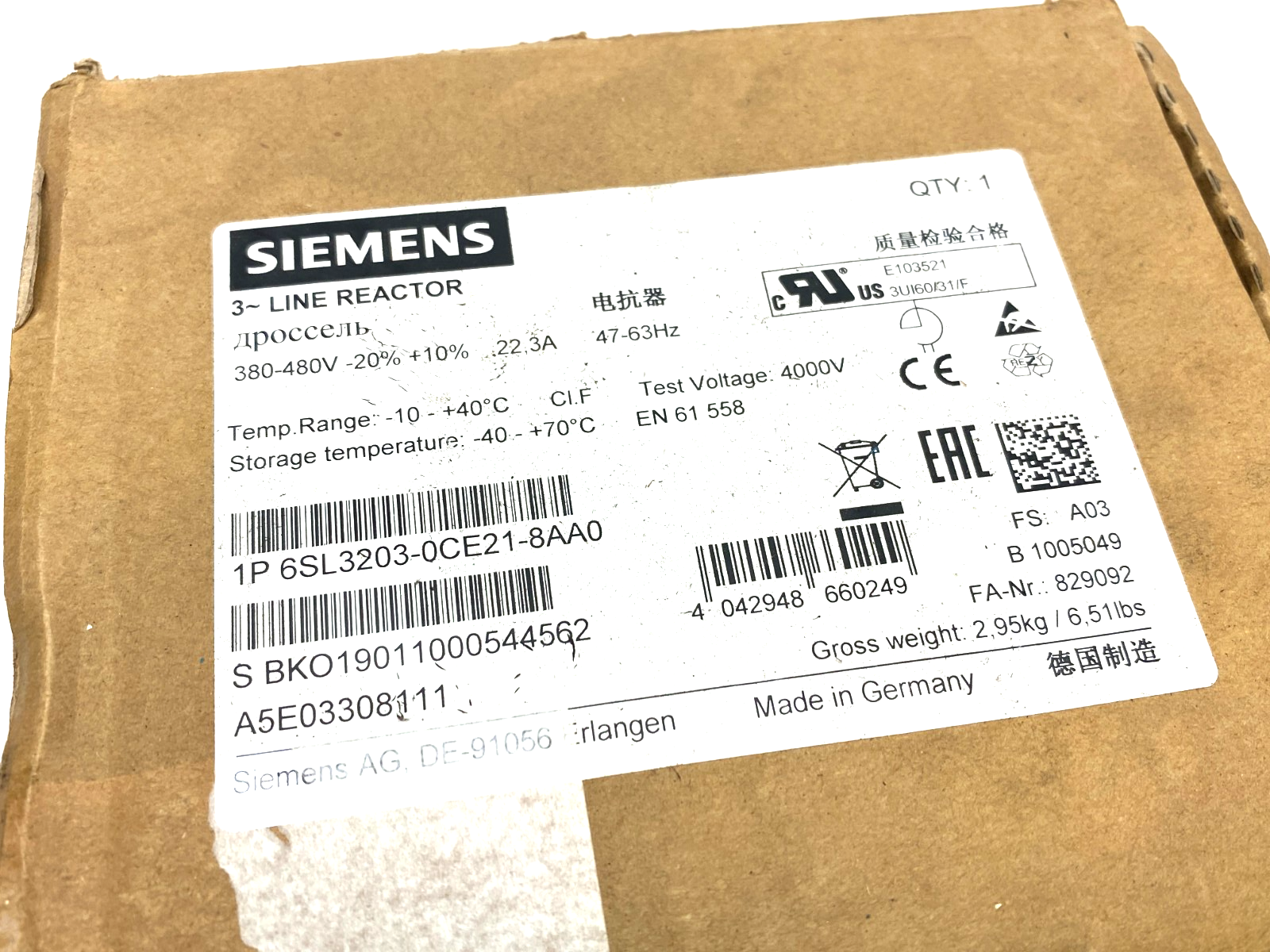 Siemens 6SL3203-0CE21-8AA0 SINAMICS Line Reactor 380-480V - Maverick Industrial Sales