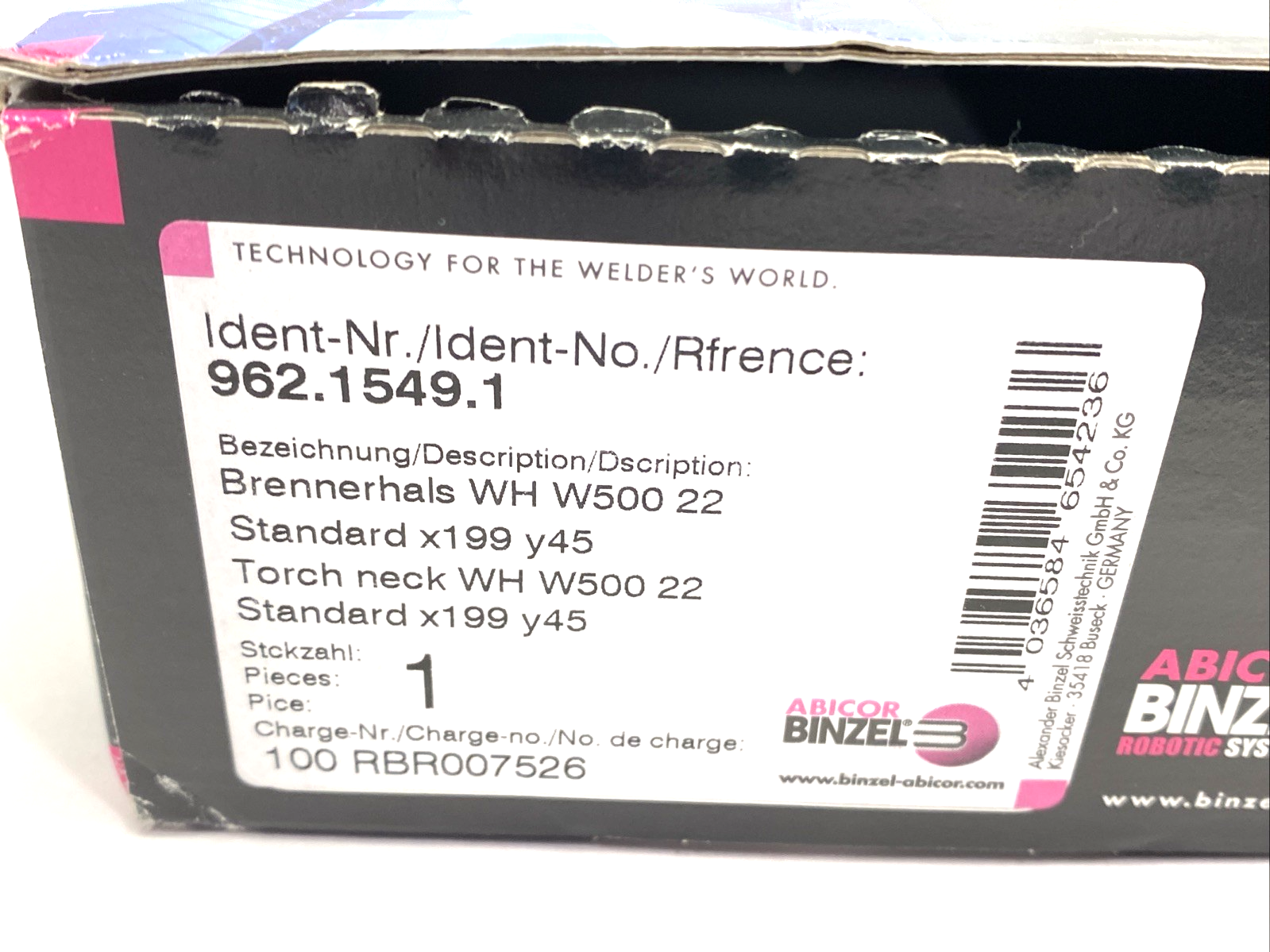 Abicor Binzel 962.1549 Torch Neck WH W500 22 Degree Swanneck 0.030" - 0.062" - Maverick Industrial Sales