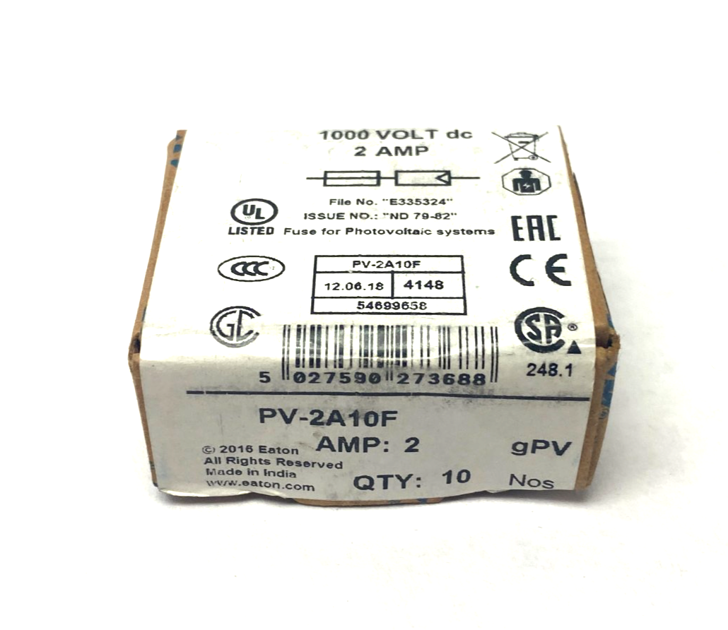 Eaton PV-2A10F Bussmann Series Photovoltaic Fuse 1000VDC 2A BOX OF 10 - Maverick Industrial Sales