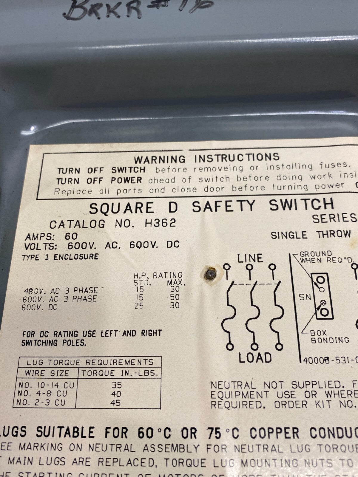 Square D H362 Heavy Duty Safety Disconnect Switch 3-Pole 60A 600VAC - Maverick Industrial Sales