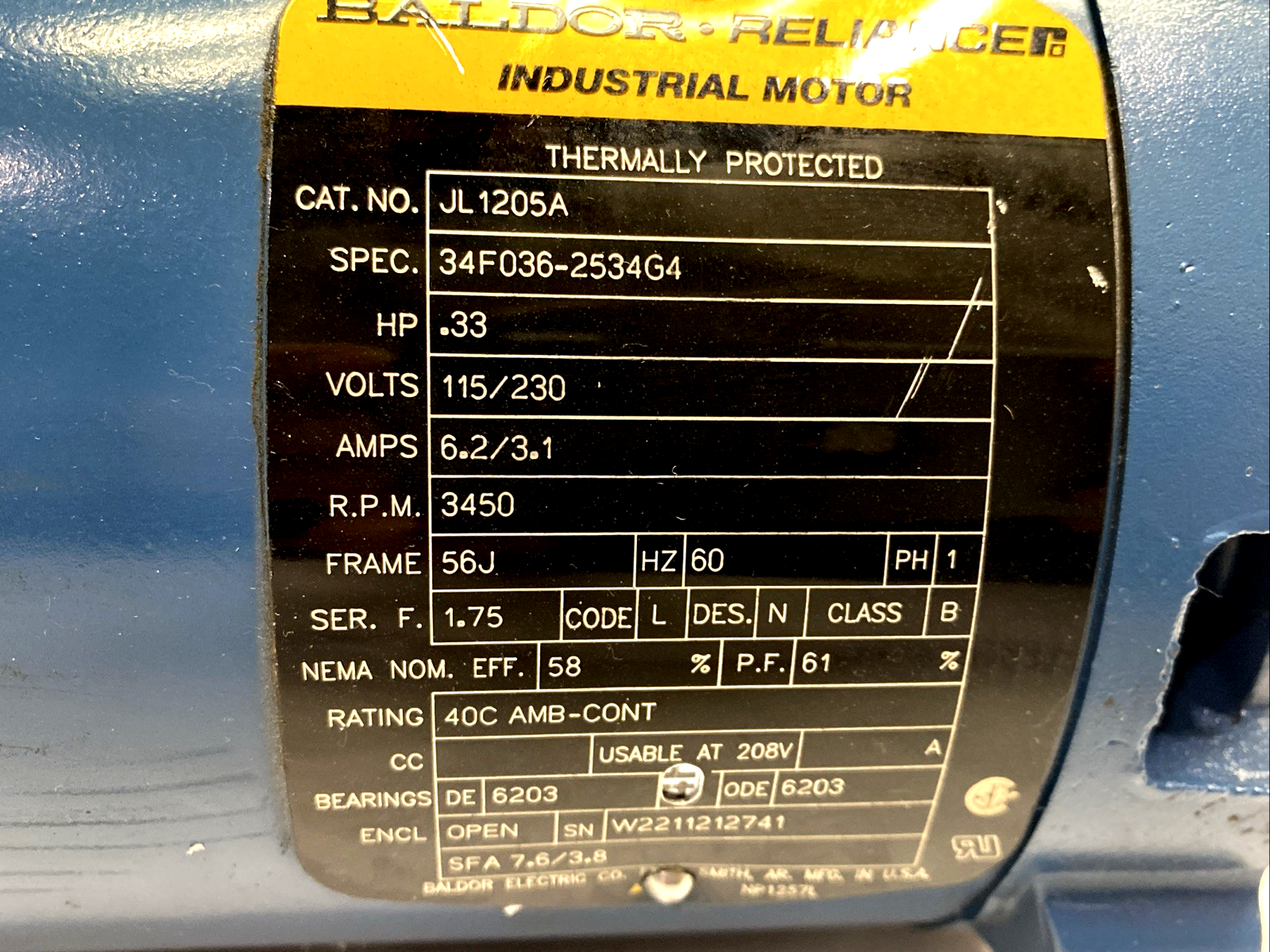 JL1205A | Baldor-Reliance Motor 115/230V .33HP 1PH 34F036-2534G4, Vent-Rite G00312 - Used - Maverick Industrial Sales