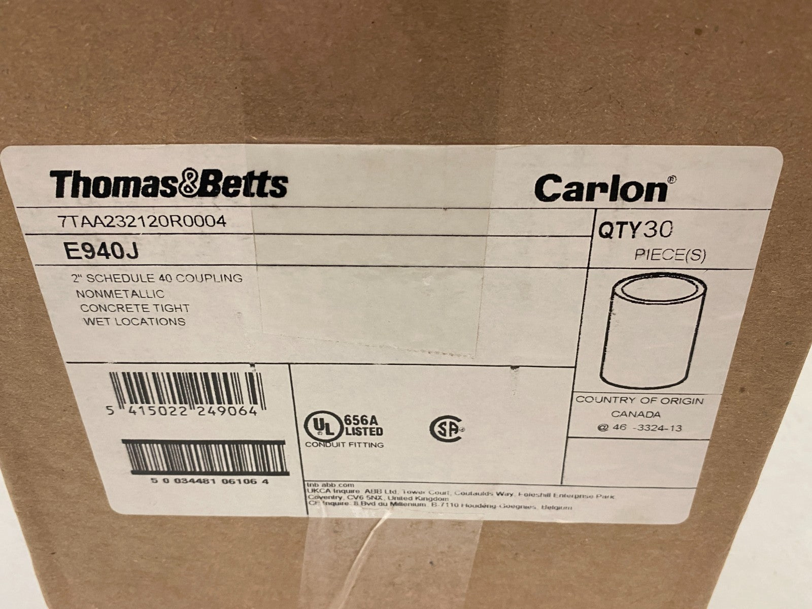 Thomas & Betts E940J Carlon Schedule 40 Pipe Coupling 2" Nonmetallic BOX OF 30 - Maverick Industrial Sales