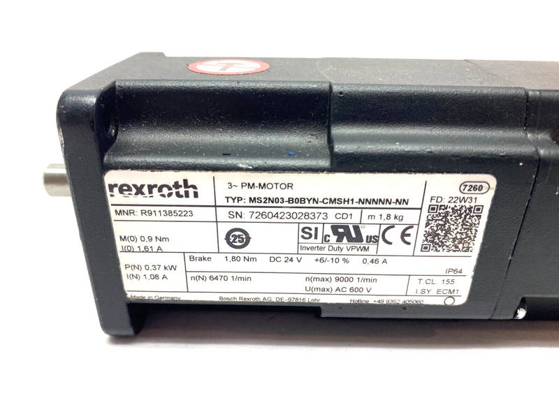 Bosch Rexroth R911385223 Servomotor 3-PM MS2N03-B0BYN-CMSH1-NNNNN-NN - Maverick Industrial Sales